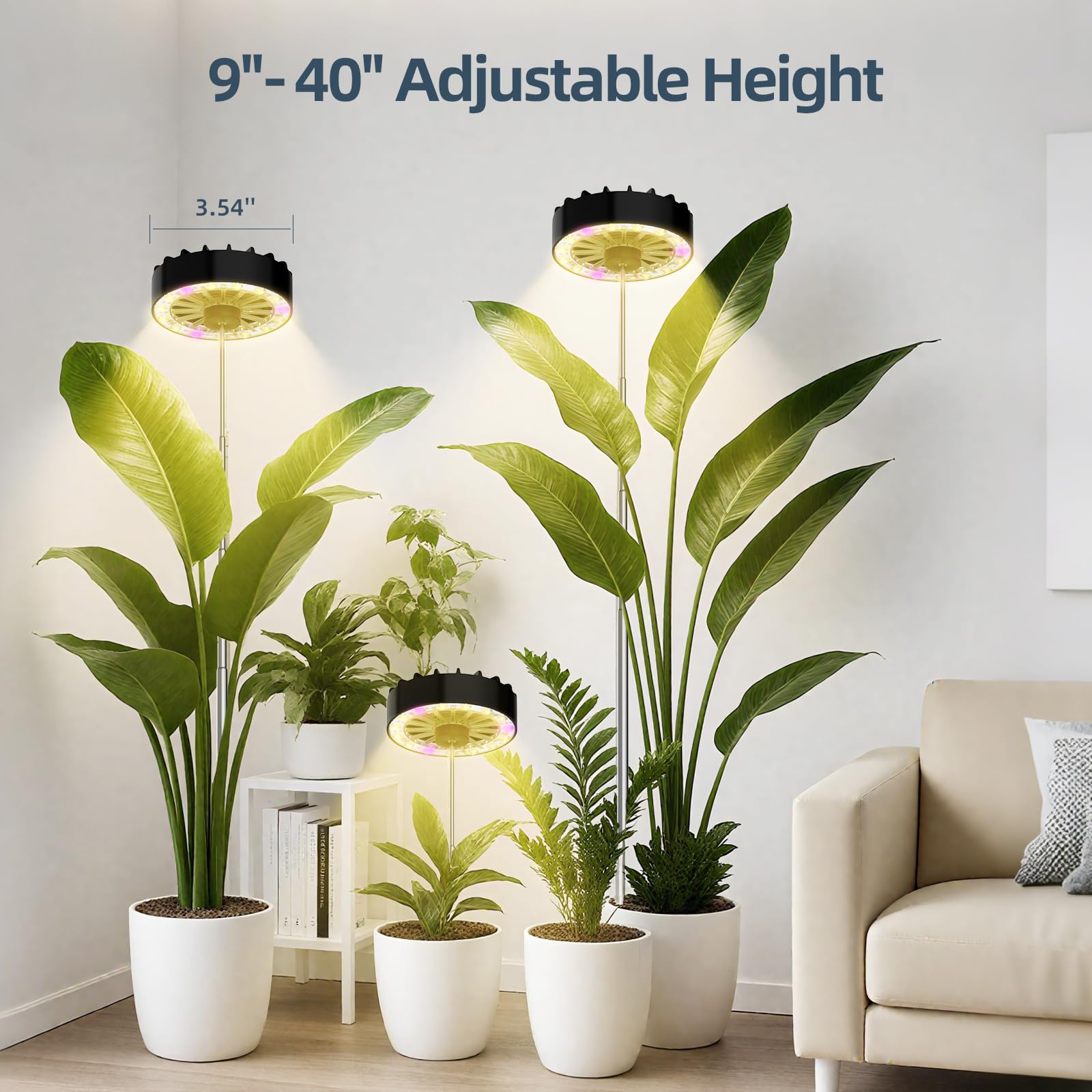 Halo Grow Lights para plantas de interior, 40 pulgadas de altura ajustable con ventilador, luces LED de espectro completo para cultivo en interiores con temporizador y 3 niveles ajustables para
