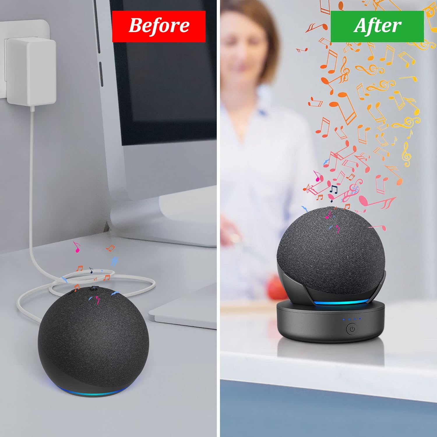 Before and after comparison: 'Before' shows an Echo Dot plugged into a wall outlet with a tangled cord. 'After' shows the same Echo Dot on the PlusAcc battery base, unplugged and portable, with musical notes indicating freedom of movement.