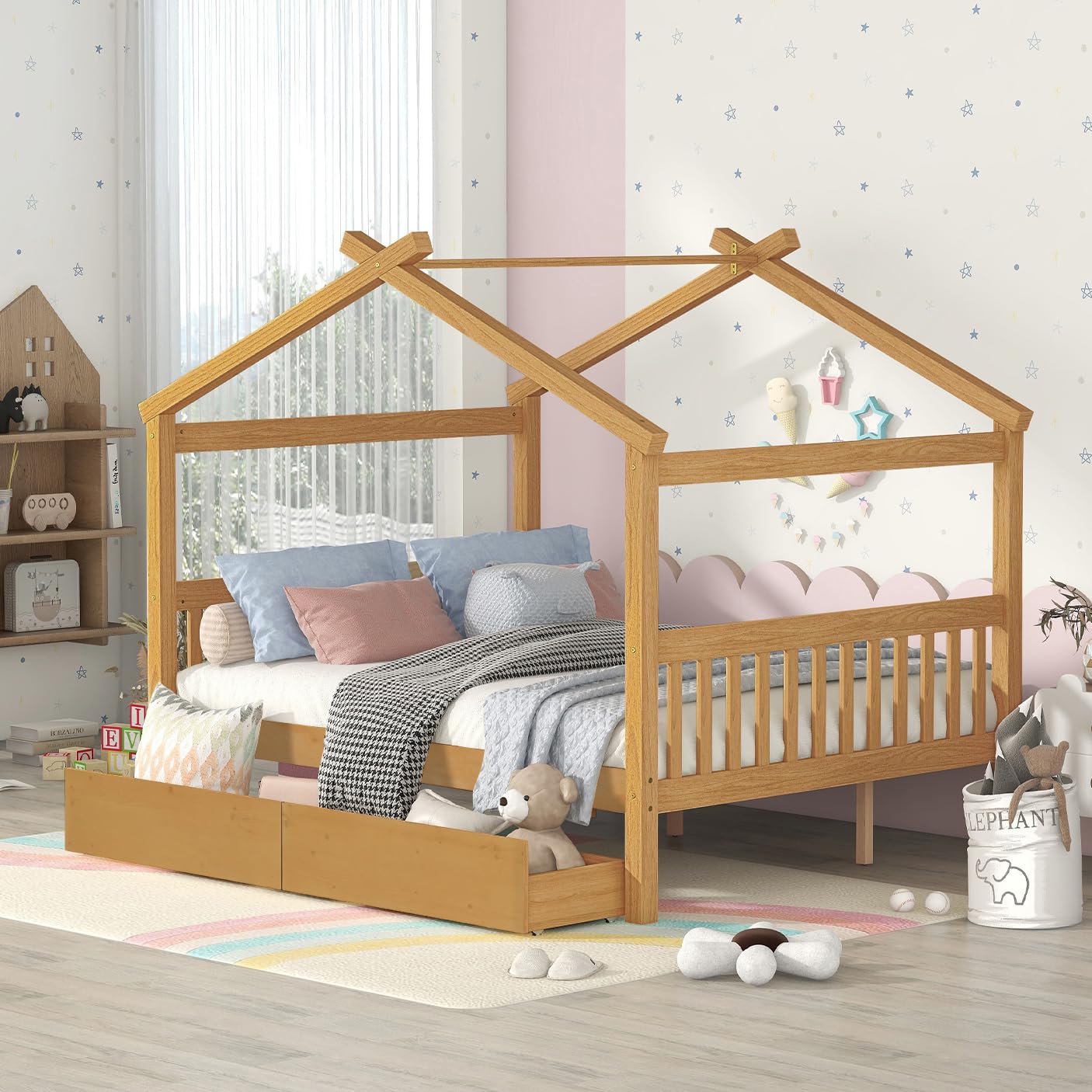 Full Size House Platform Bed with Roof and 2 Drawers, Solid Wood House Daybed Frame with Headboard and Slat Support for Kids Teens Girls Boys Bedroom, Can Be Decorated (Natural-03, Full)