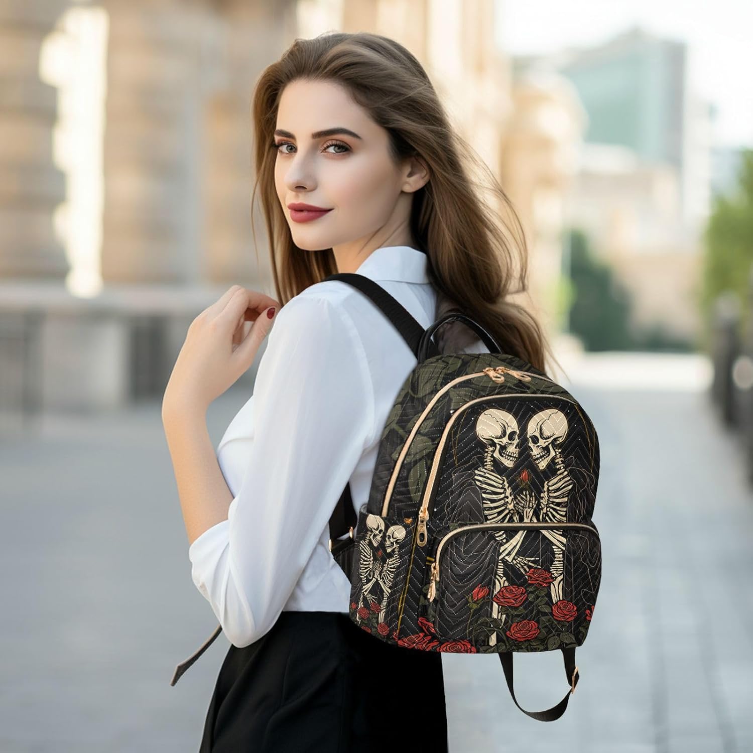 ALAZA Skull in Love with Roses Flowers Mini Backpack Purse for Women Travel Bag Lightweight Shoulder Bag Fashion Daypack - Image 6