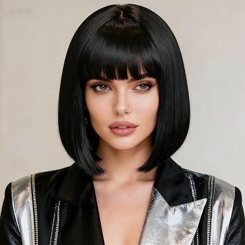 Colorfulpanda Short Black Bob Wigs for Women Natural Synthetic Hair Wig with Fringe Bangs for Cosplay Costume Party or Daily Wear
