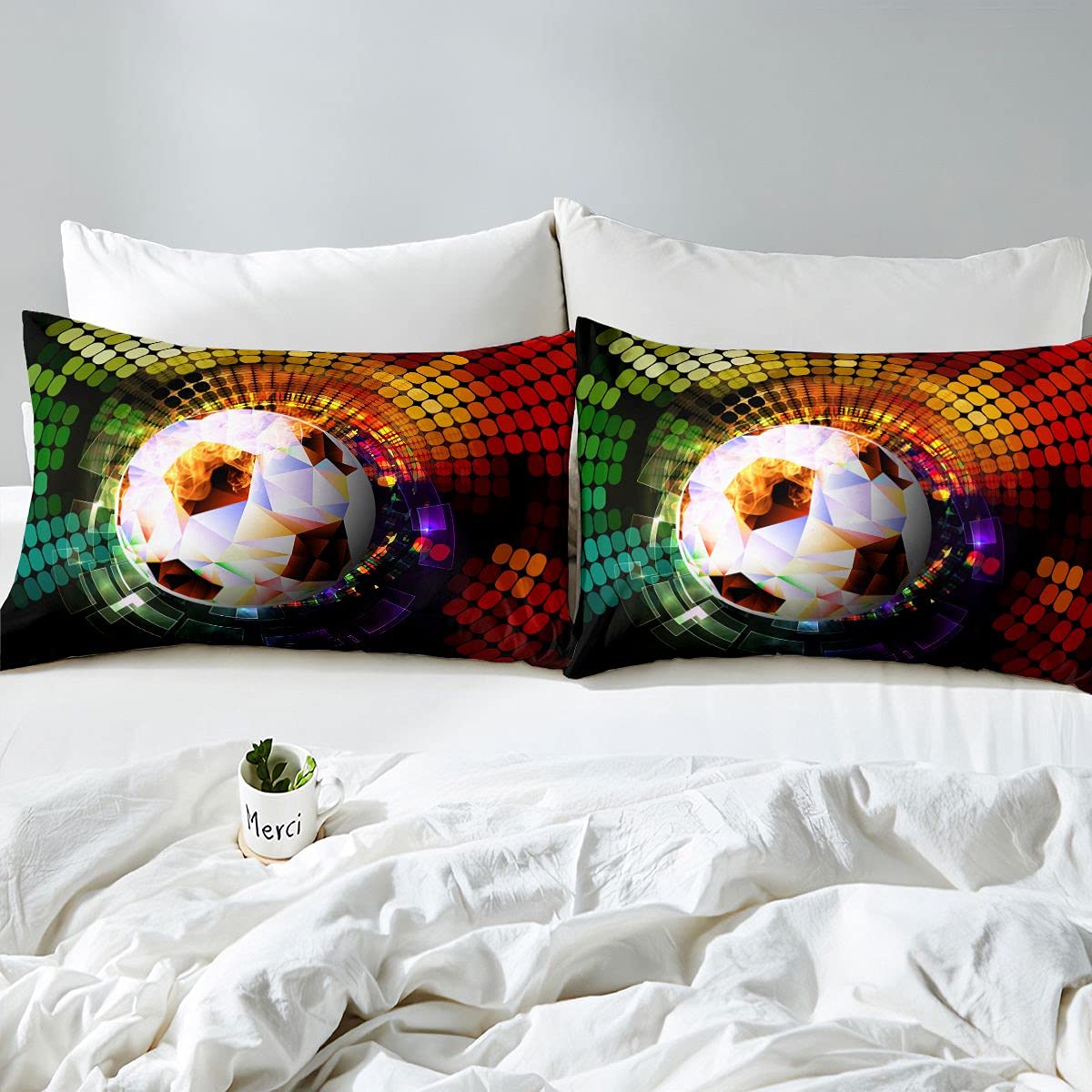 Loussiesd Set di biancheria da letto per ragazze e ragazzi e bambini, motivo pallone da calcio, motivo geometrico, stelle, blu, rosso, per letto matrimoniale, 4 pezzi