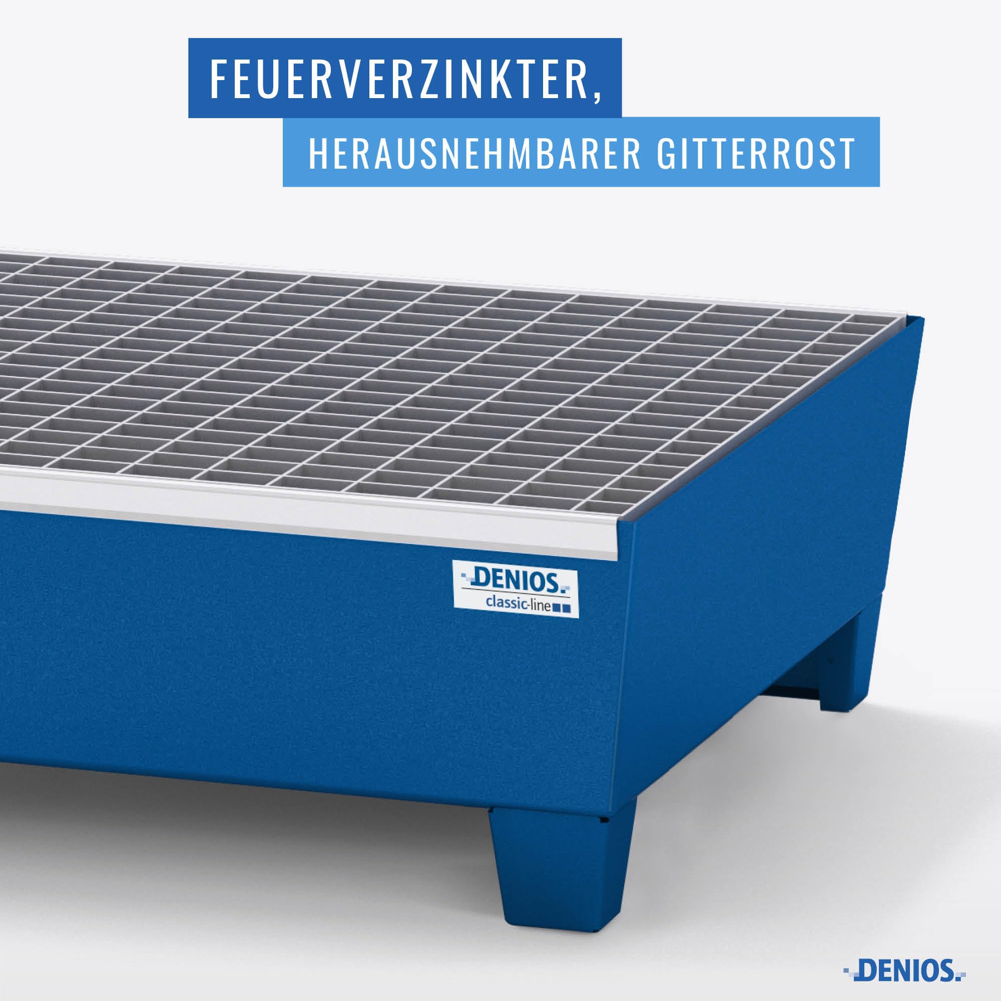 DENIOS Auffangwanne aus Stahl | mit Gitterrost und Stellfüßen | blau | BxHxT 635 x 278 x 785 mm | Volumen 65 Liter | 2 Fässer | Arbeitssicherheit Notfall-Umweltschutz-Produkte säurefest
