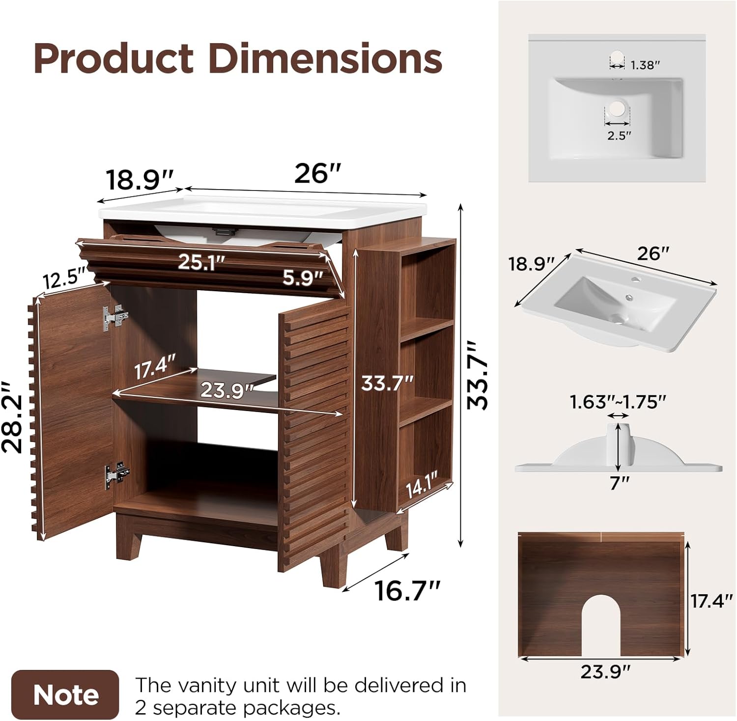 Vabches 29" Bathroom Vanity with Sink, Mid-Century Bathroom Vanity Cabinet with 3 Open Side Storage Shelves and 1 Drawer, Free Standing Small Bathroom Sink Cabinet Combo Set, Walnut