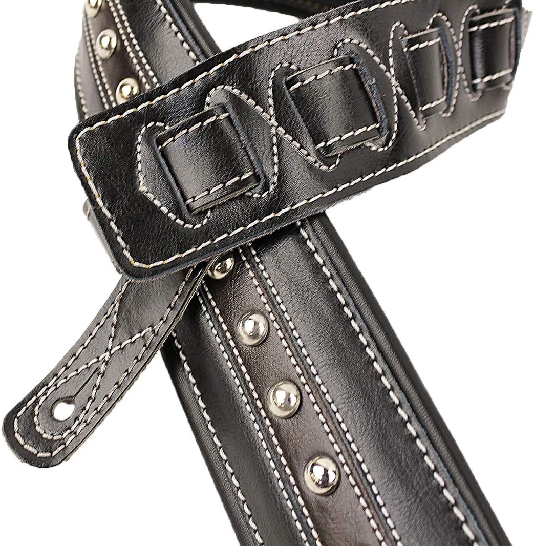 Walker & Williams C-35-CS Handmade Black and Brown All Top Grain Leather Padded Guitar Strap with Metal Studs For Acoustic, Electric, And Bass Guitars