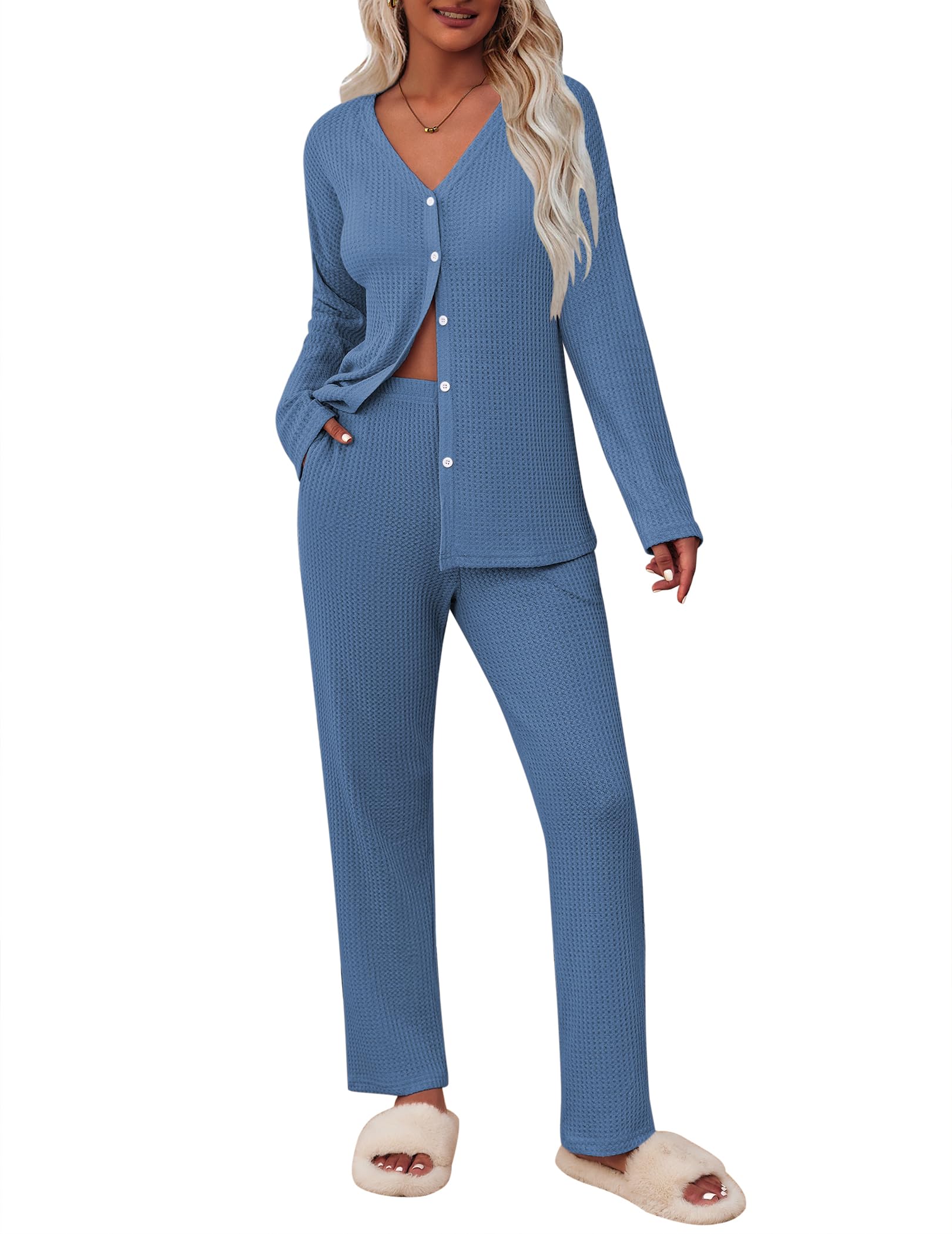 ACEVOG 2 Piece Waffle Knit Pajamas For Women Lounge Sets Long Sleeve Button Down Pajama Sets with Pockets