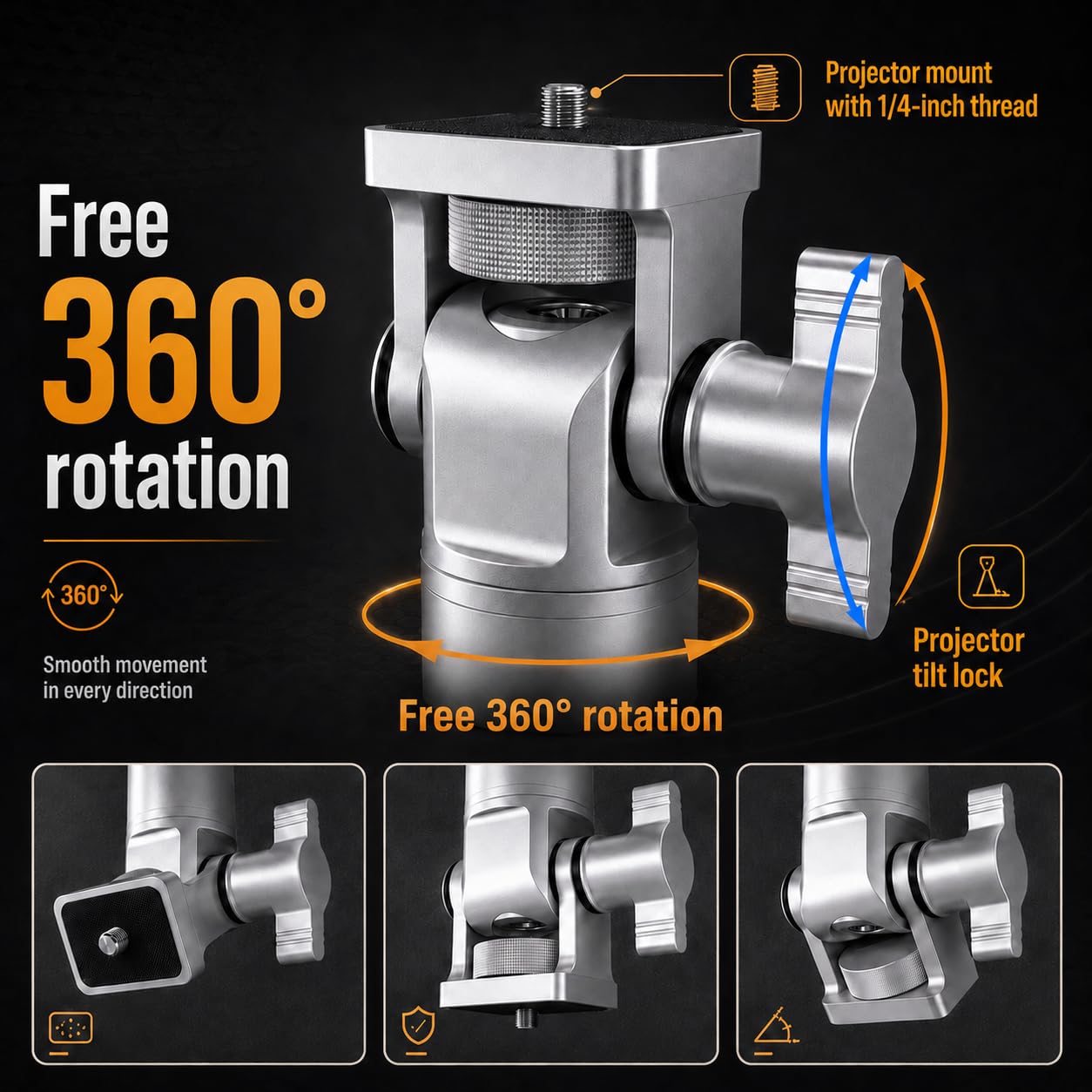 Soporte de techo y pared para proyector – Soporte universal, carga 10 kg, ajustable 11-51 cm, rosca 1/4", aluminio Al6063, rotación 360°, cable oculto, plateado