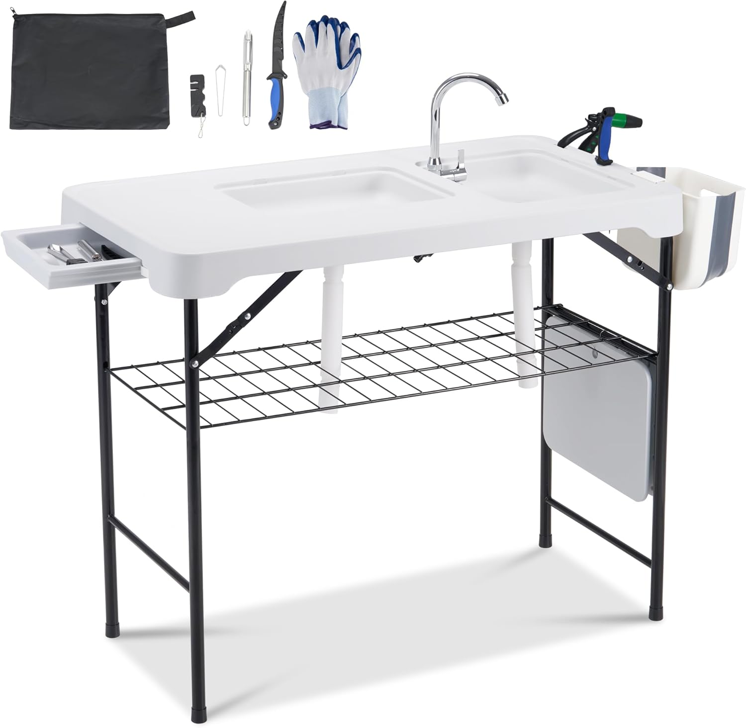 Dragosum 42'' Outdoor Fish Cleaning Table Portable Camping Sink Station with Double Sinks, Collapsible Swivel Faucet, Picnic Sink Table for Picnic Beach Patio