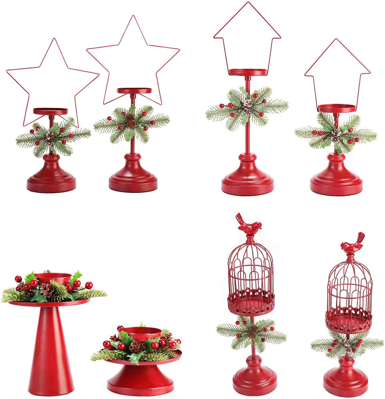 2Pcs Christmas Candle Holder Simulation Red Fruit Pine Cone Candle Holder Table Accent Centerpiece Candle Holders Xmas Candle Holders for Festival Party Home Decor (Birdcage)