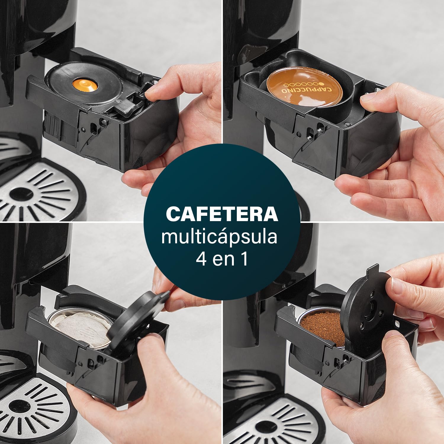 Princess 01.249450.01.001 Caffettiera Multifunzione, Compatibile con capsule Nespresso,Dolce Gusto,cialde ESE e caffè macinato, 19 bar, Nero e argento, 800 ml