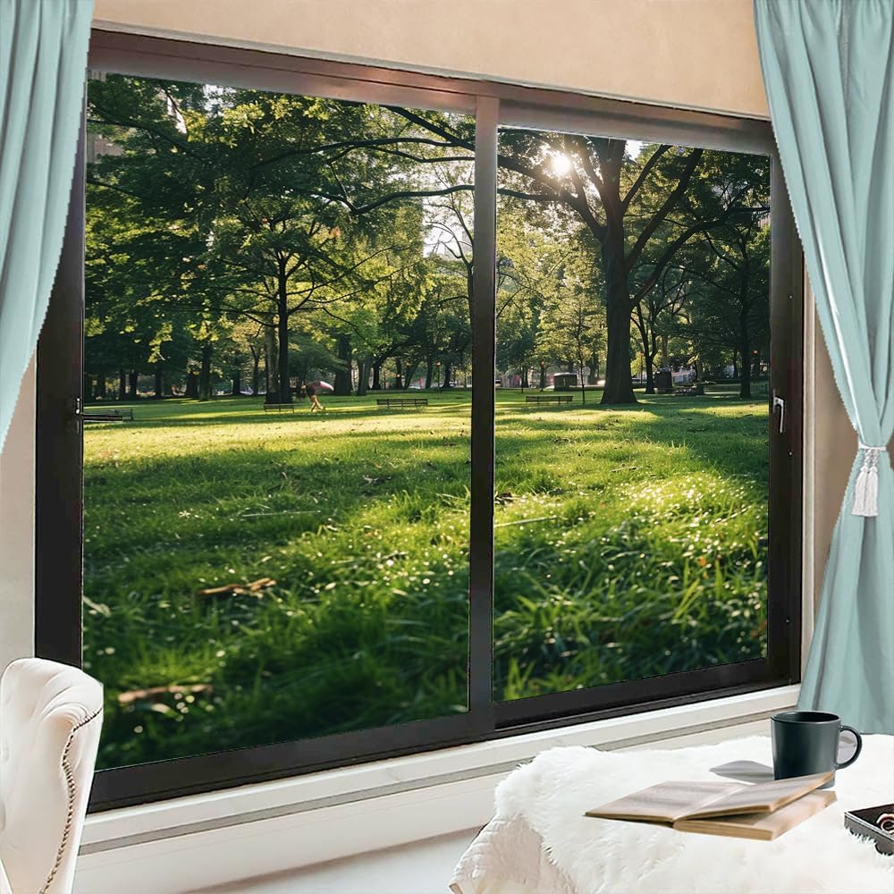 Modern Forest Frosted Window Privacy Film, Summer Nature Sunny Trees House Window Film Adhesive Glass Coverings for Bathroom Home Decorative 17.7Wx23.6L-inch x2 Pcs