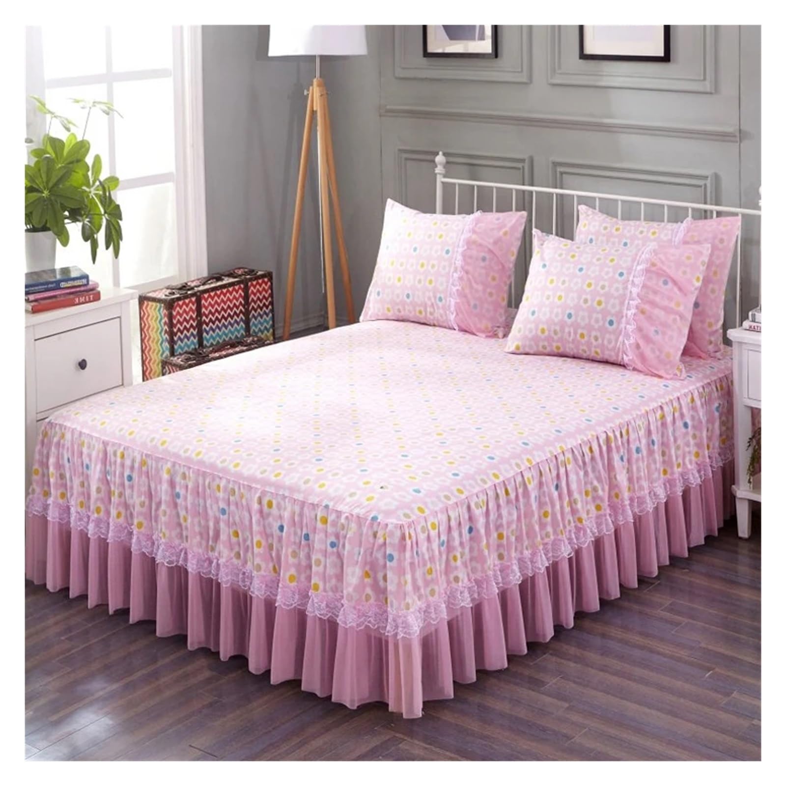 Bed Skirt Pillowcase Bed Set Ruffle Three Layers Lace Bedspreads Sheet Soft Fitted Sheet Cover(14,150x200cm 3pcs set)