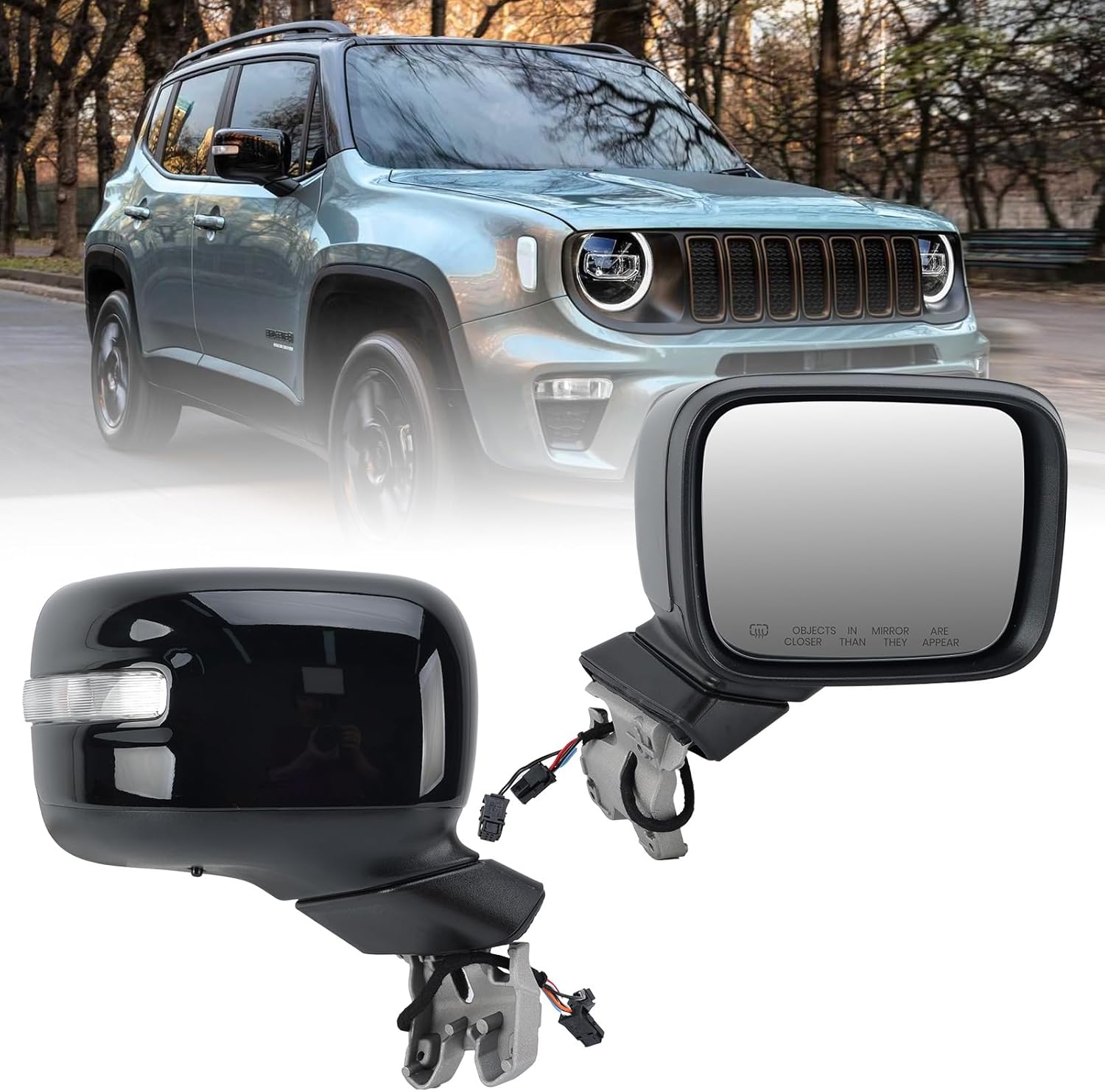 Right Passenger Side Mirror Compatible with Jeep Renegade 2015 2016 2017 2018 2019 2020 2021 2022 Door Mirrors Power Heated with Turn Signal Indicator Temperature Sensor Bright Black (9 pins)