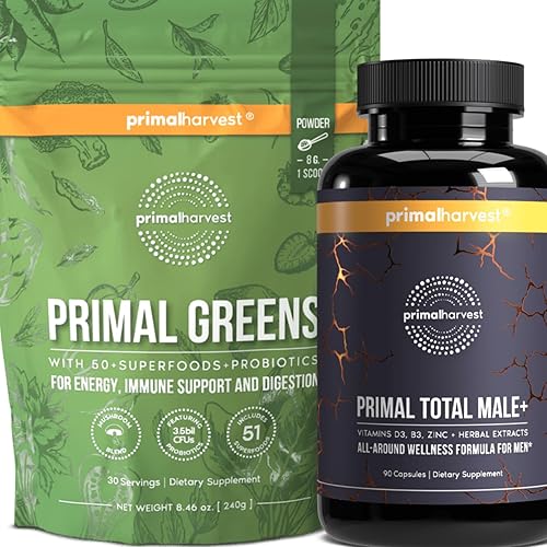 Primal Harvest Primal Total Male+ & Primal Greens - Suplemento multivitamínico y nutricional para hombre con ginseng, vitaminas D y B, zinc,
