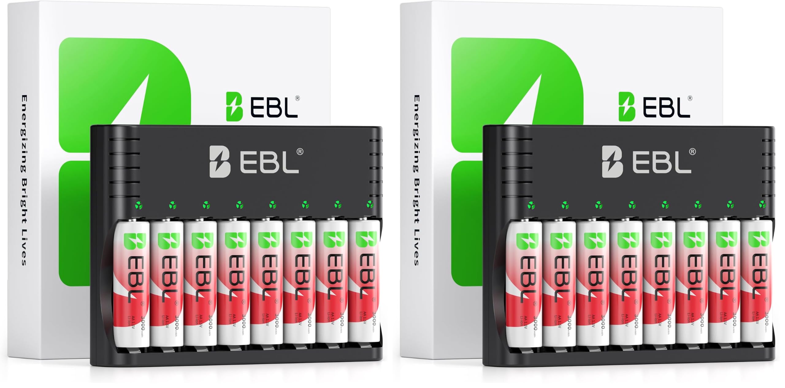 EBL Chargeur de Piles Rechargeables, Chargeur de Piles Universel pour 1,5V Li-ION et 1,2V NiMH Piles Recgargeables, + 8PCS AA Piles Li-ION 1.5V, 1600+ Cycles de Charge (Lot de 2)