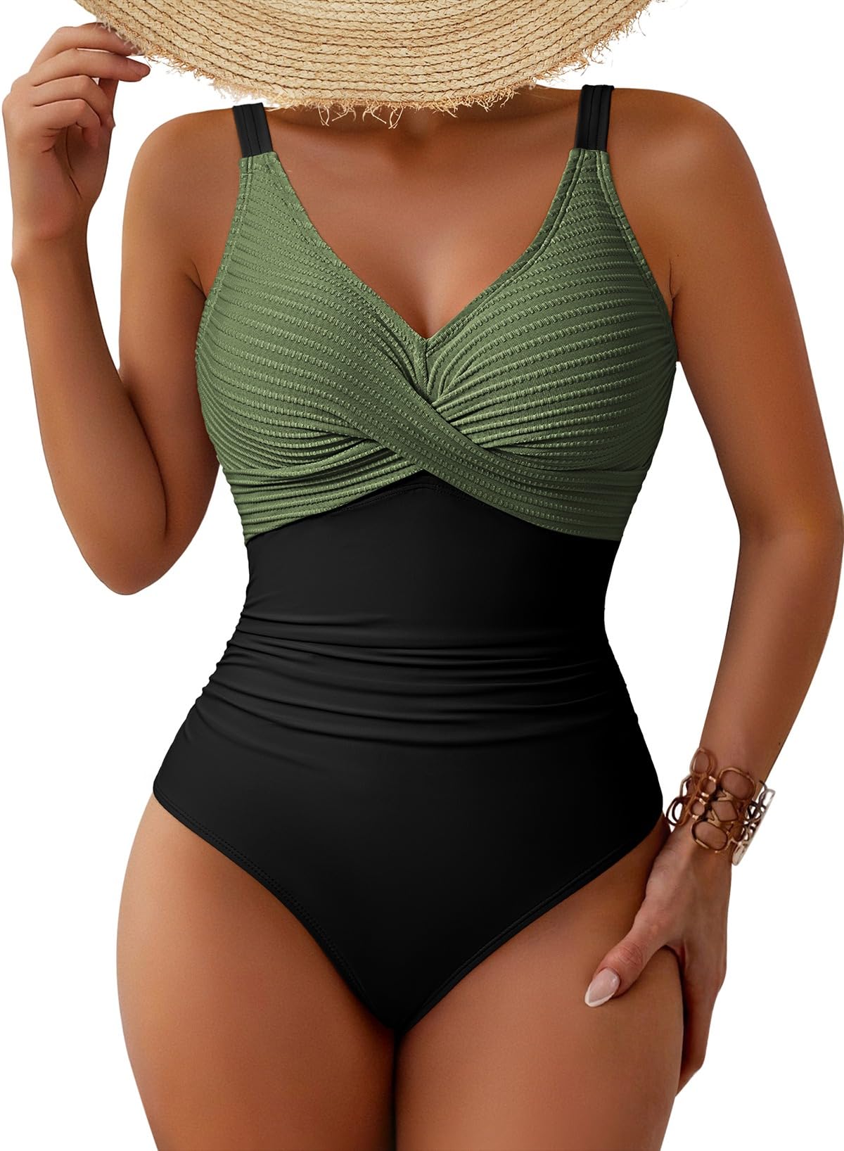 Women One Piece Swimsuit 2026 Patchwork Twist Front V Neck Ruched Tummy Control Swimwear-image-22