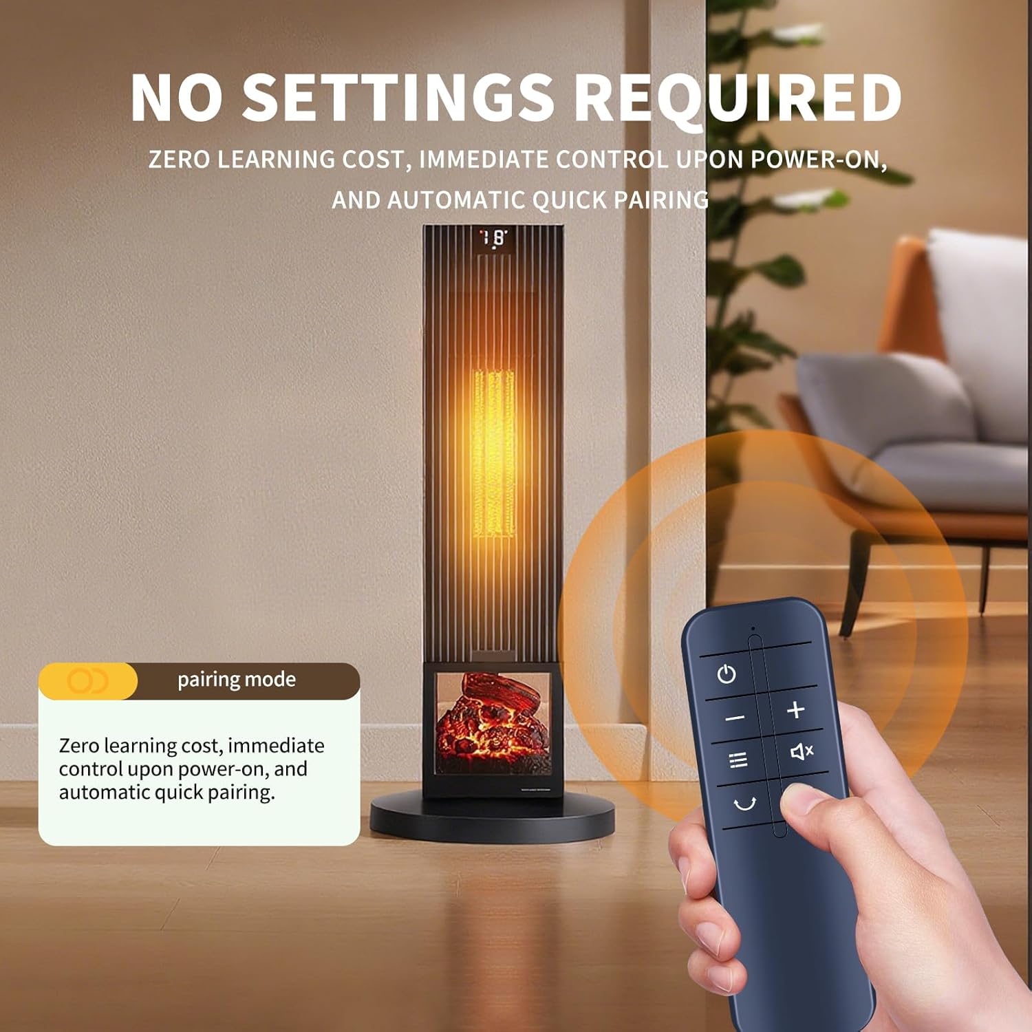 Image showing the remote control next to a portable space heater, with text 'NO SETTINGS REQUIRED' and 'automatic quick pairing'.