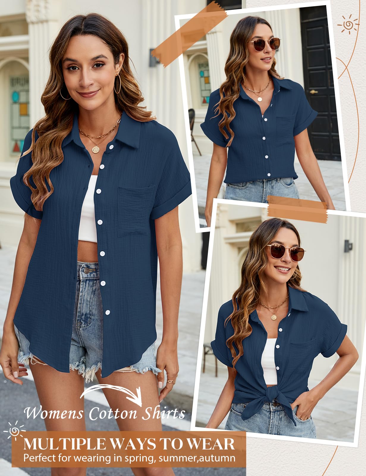 Bluzka damska na lato, elegancka, dekolt w serek, na guziki, na co dzień, bawełna, krótki rękaw, bluzka koszulowa, basic, revers, koszula, topy, tunika, topy