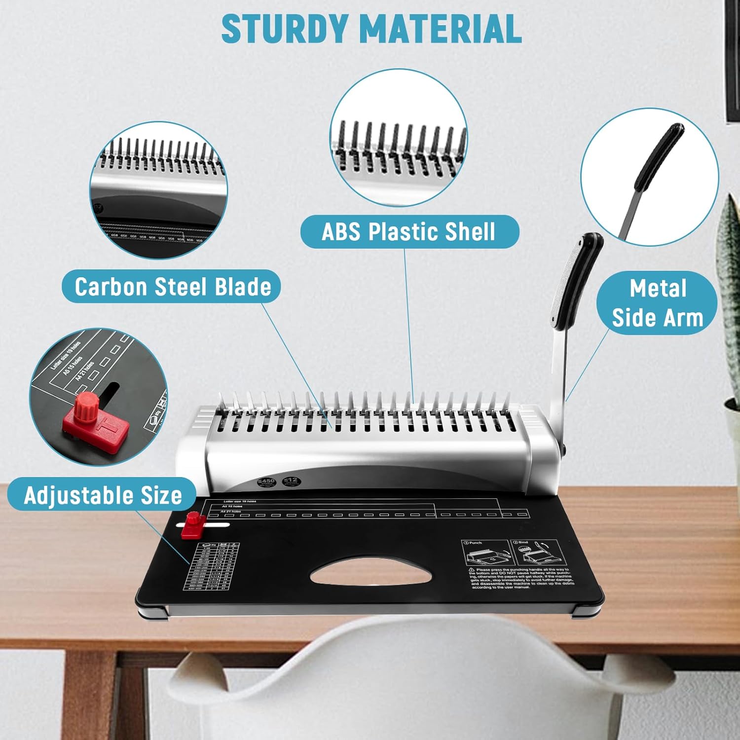 Comb Binding Machine 21 Holes 450 Sheets Binding Machine Includes 100 PCS Rubber Ring Fits Letter Size, A4, A5 or Smaller Sizes