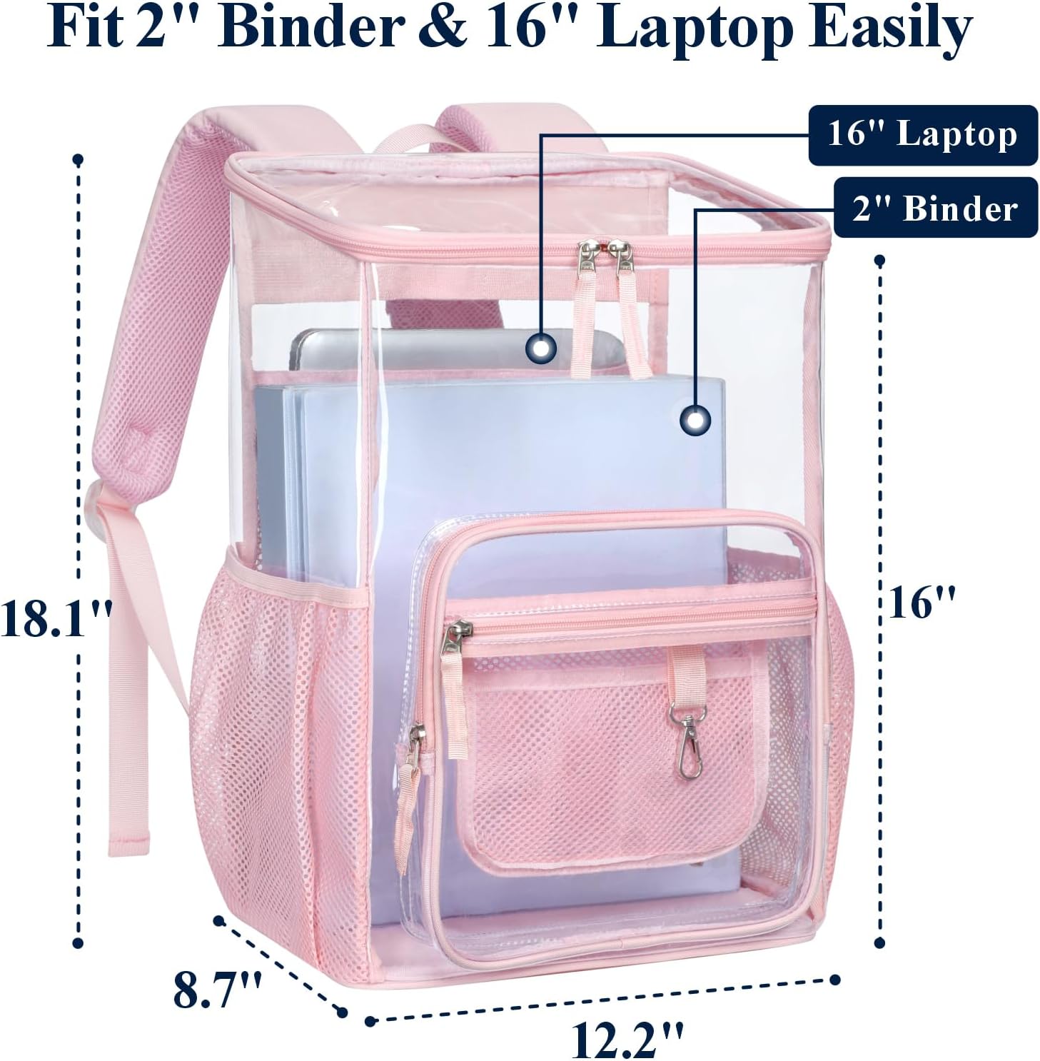 Clear Backpack for School - 18 inch Top Loading Bookbag, Pink | Extra Large, Flap Top Quick Access, Padded Back, Heavy Duty, 900D Oxford Base, Fit 16" Laptop, Support 33 lbs. Age 12 Plus thumbnail