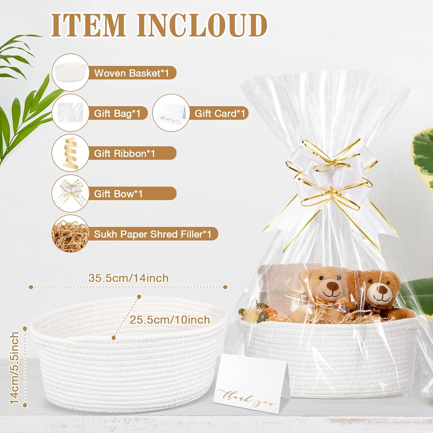 Colingmill Woven Basket with Gift Bags and 2 Ribbons, Raffia Grass Paper Shred Filler, Gift Card, Empty Small Rope Basket for Storage Presents Toy Organizer(White,14 * 10 Inch)