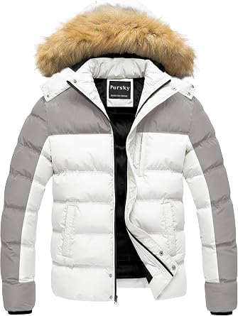 Pursky Mens Puffer Jacket Waterproof Winter Bubble Coats Ski Parka Fur Hooded
