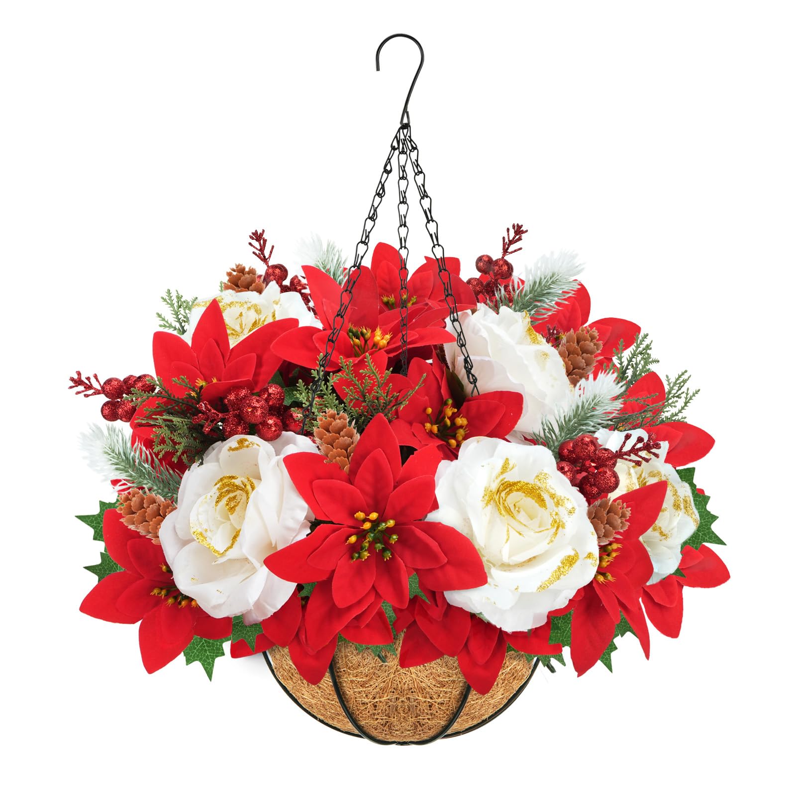 GTIDEA Christmas Poinsettias Hanging Baskets for Outdoors, Faux Silk Red Poinsettia White Rose UV Resistant Winter Hanging Flowers for Outside Front Door Patio Home Outdoor Porch Christmas Decorations