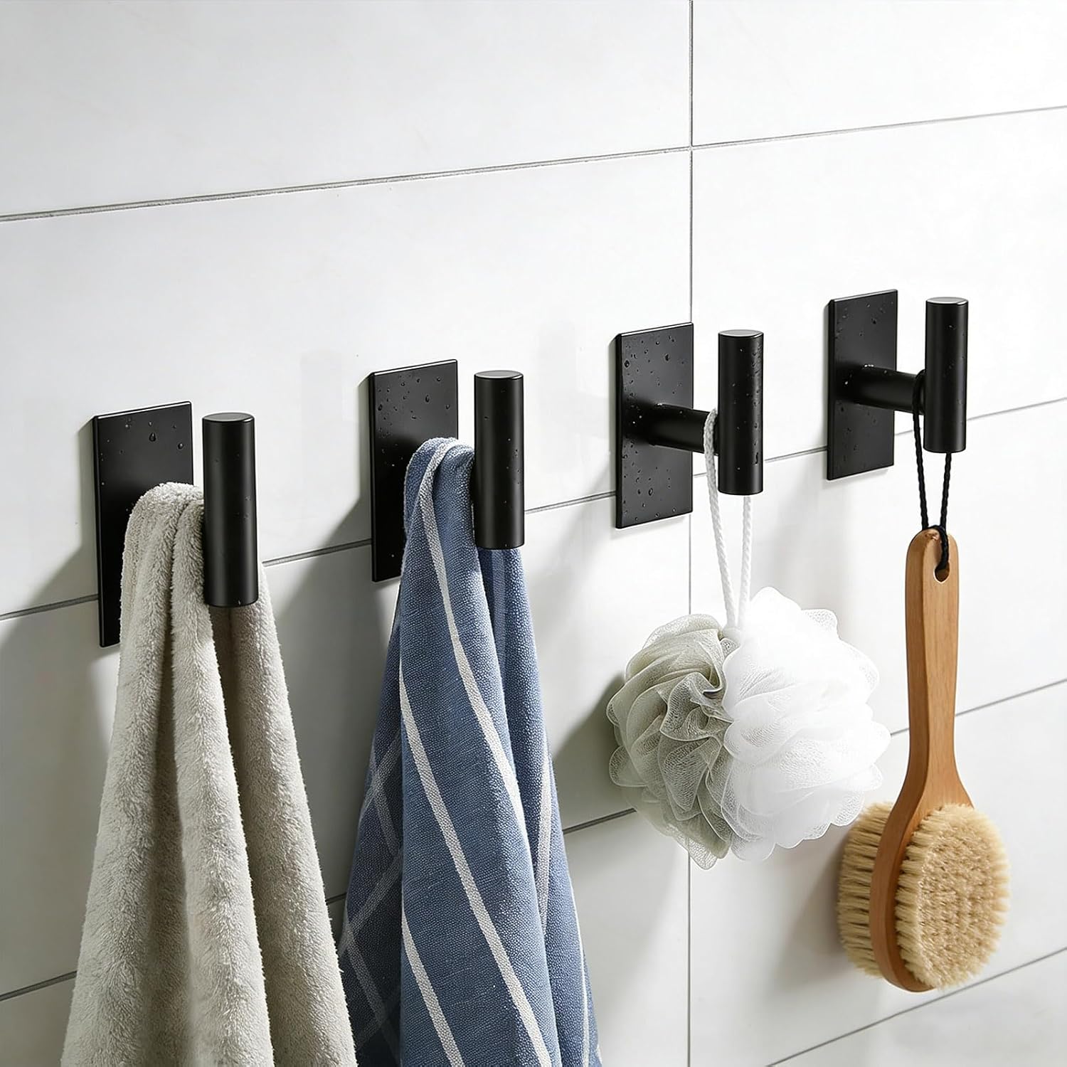 Self Adhesive Hooks for Hanging Towel,Coats,Clothes,Heavy Duty Wall Hooks on Bathroom, Shower, Outdoor,Kitchen,no Drilling Waterproof Sticky Holders（Black,4 Pack，Stainless Steel）