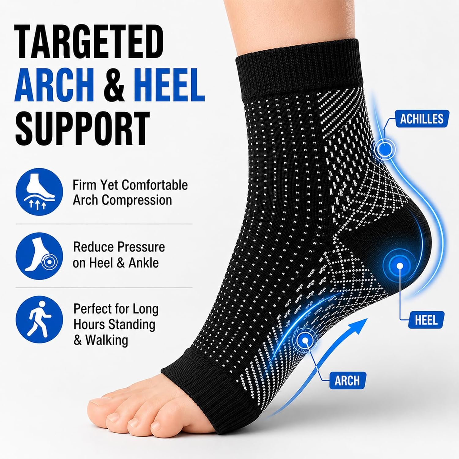 Plantar Fasciitis Socks, 12 Pairs Compression Foot Sleeves for Women and Men, Open Toe Ankle Support Socks with Arch Support for Heel, Arch, Ankle, Running, Walking, Black (Medium)