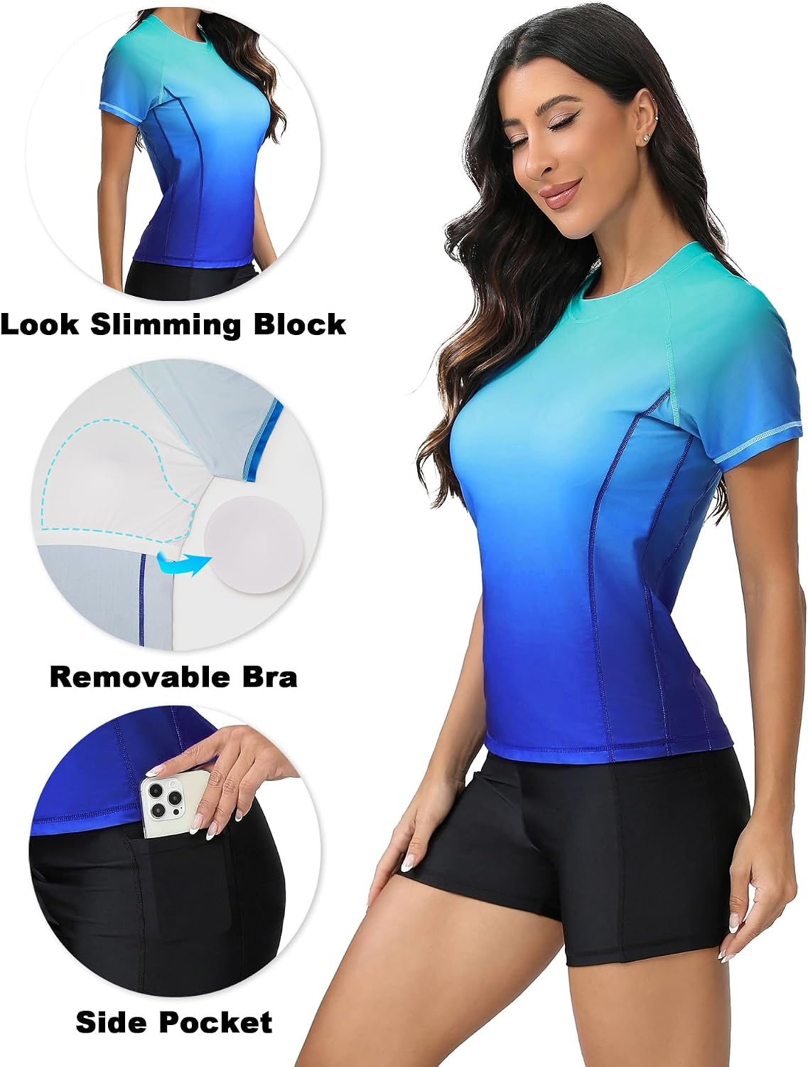 Tournesol Women's Rash Guard 2 Piece Short Sleeve Swim Shirt with Shorts Swimsuit with Bra Bathing Suit Plus Size with Pocket