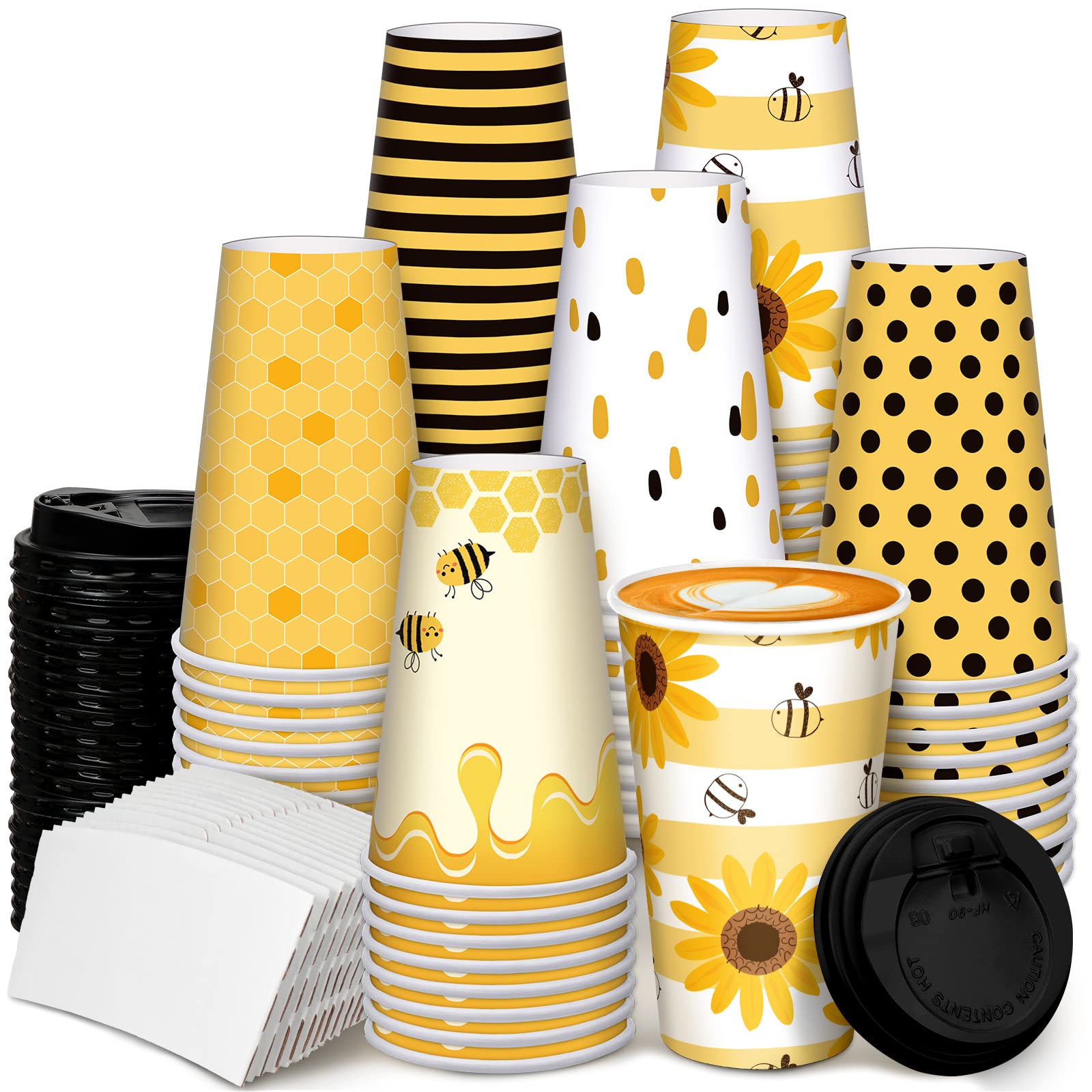 Sumind 90 Pcs/ 30 Set Bee Coffee Cups 16oz Bee Party Disposable Honey Drinking Cups with Lids and Sleeves for Baby Shower Garden Birthday Party