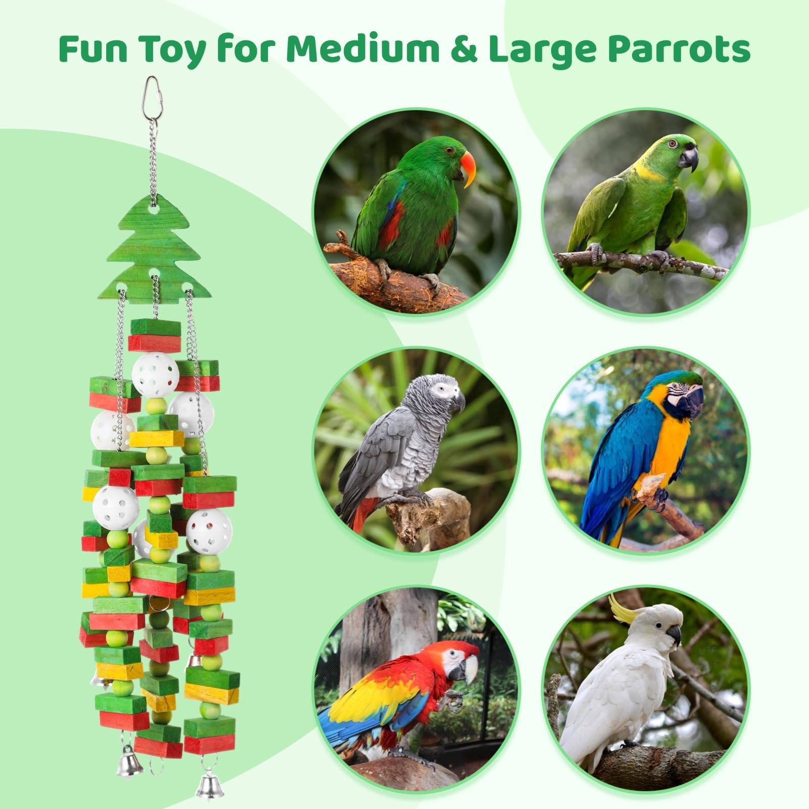 Generisch Großes Vogelspielzeug für Papageien, hängendes buntes Holzklötzchen Spielzeug mit Glöckchen, Weihnachtsbaumform zum Knabbern, für Aras, Graupapageien, Edelpapageien und Kakadus