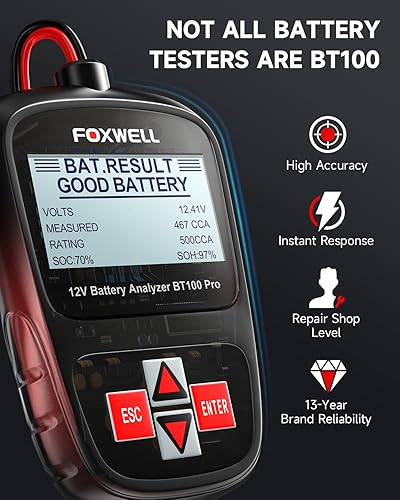 Miniatura 4 de FOXWELL BT100 Pro - Probador de batería de 12 V, probador de batería de automóvil, probador de carga de batería, analizador digital de batería