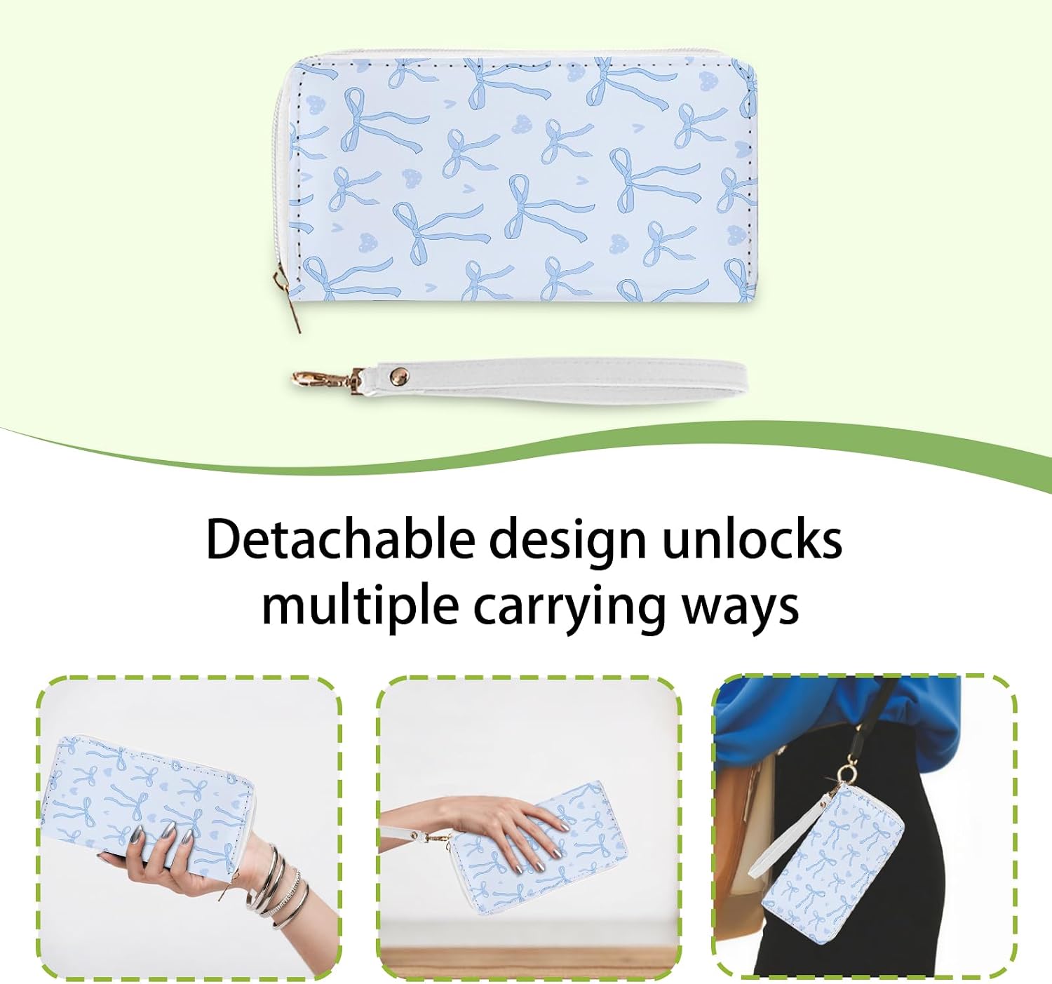 Blue Bow Wallet for Women - Slim PU Leather Womens Wallet with Cash Zipper Coin Purse, Small Credit Card Holder Travel Wallet, Wristlet Wallets for Female Ladies Teen Girls Purse image 5