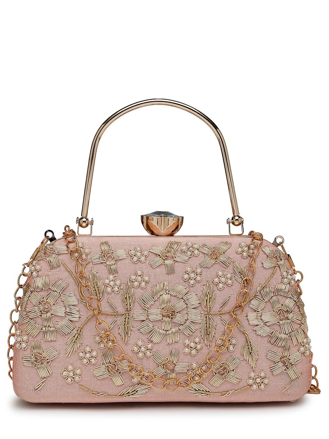 Adorn Floral Dabka Embellished Faux Silk Clutch-image-4