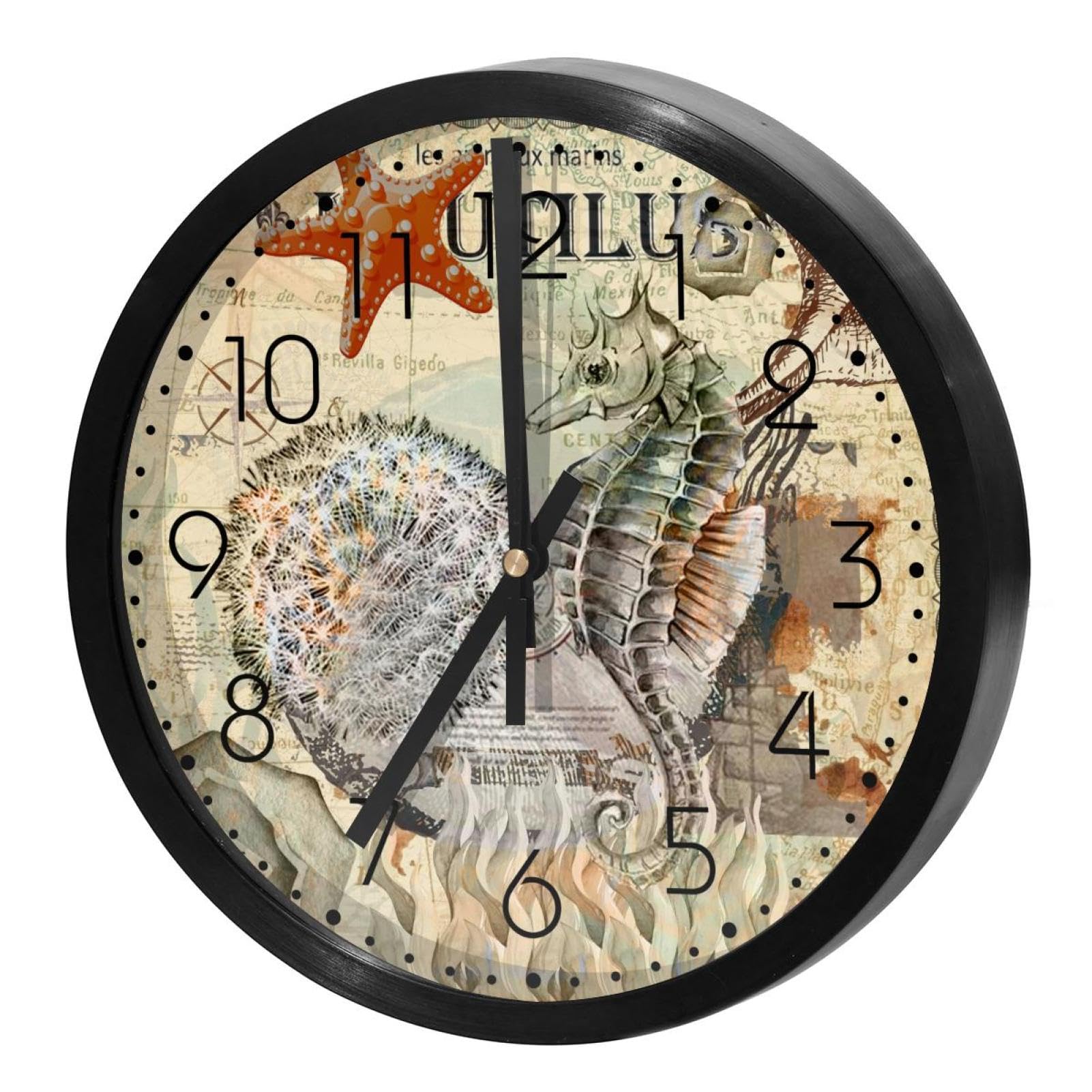 Horloge murale silencieuse à quartz ronde hippocampe contre les bruits