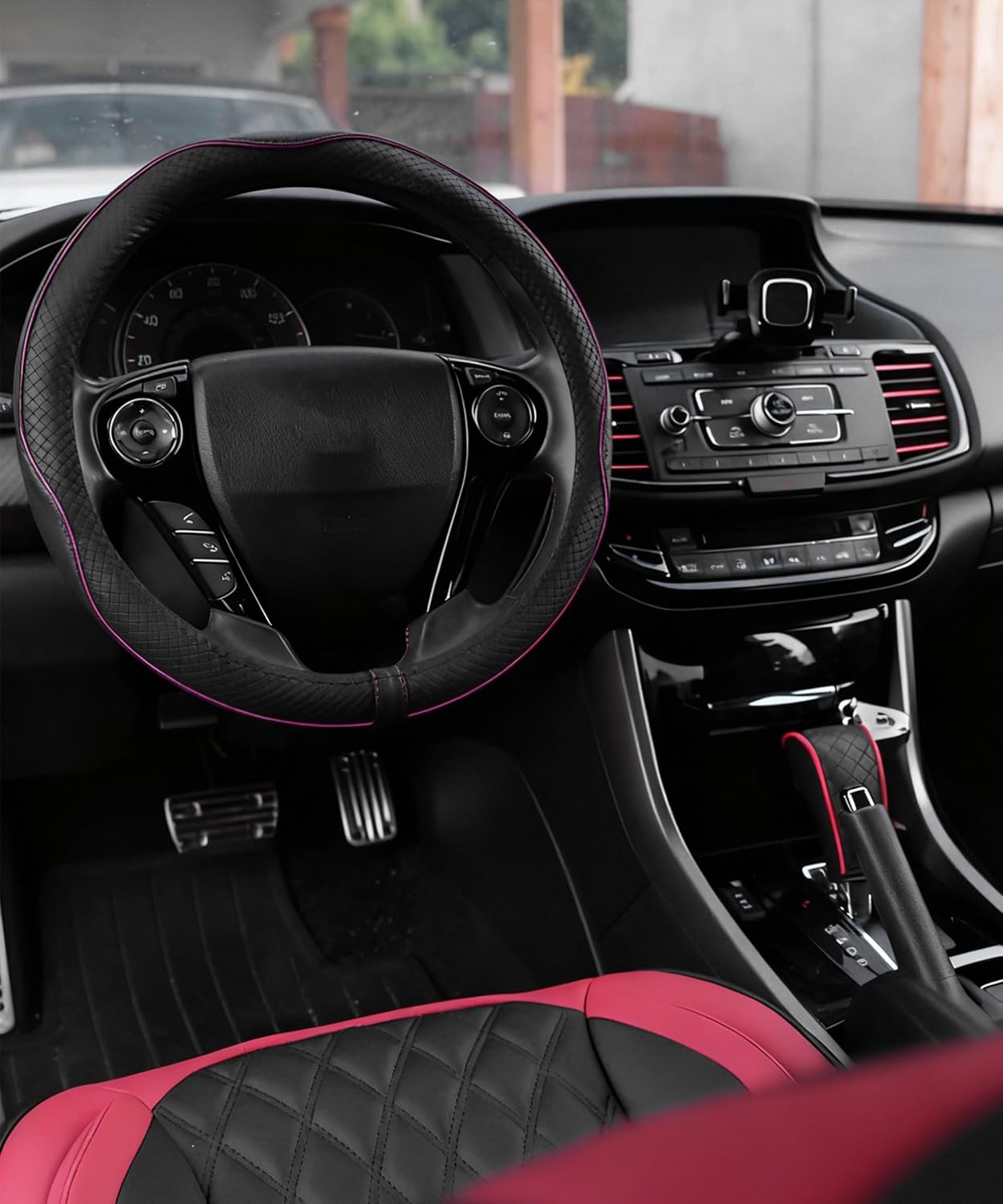 Steering Wheel Cover,Car Accessories 14.5-15 Inch Leather Steering Wheel Cover,Anti-Slip Breathable Microfiber Leather Covers,Warm in Winter and Cool in Summer,Fit for Suvs (Black-Pink) thumbnail