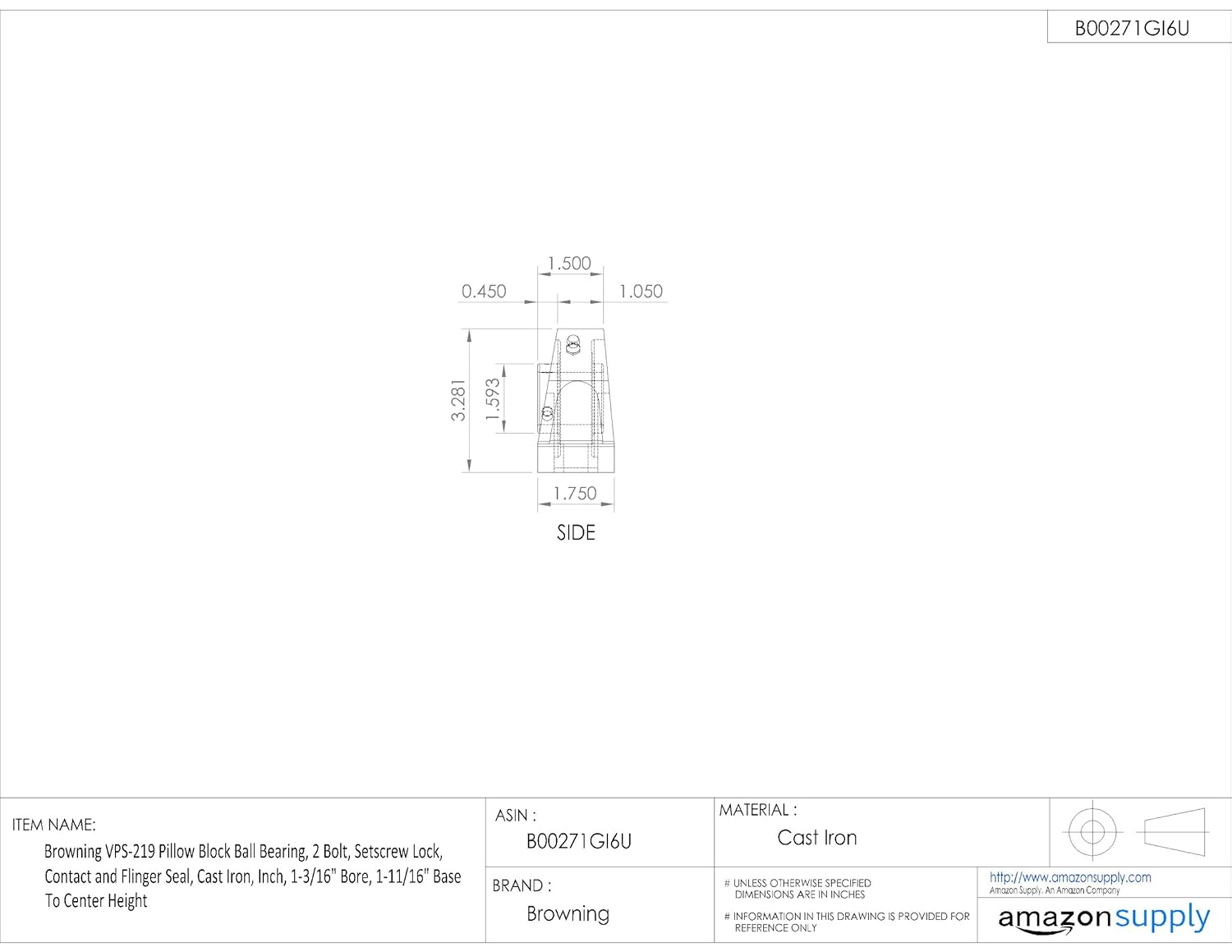 Browning VPS-219 Pillow Block Ball Bearing, 2 Bolt, Setscrew Lock, Contact and Flinger Seal, Cast Iron, Inch, 1-3/16" Bore, 1-11/16" Base To Center Height
