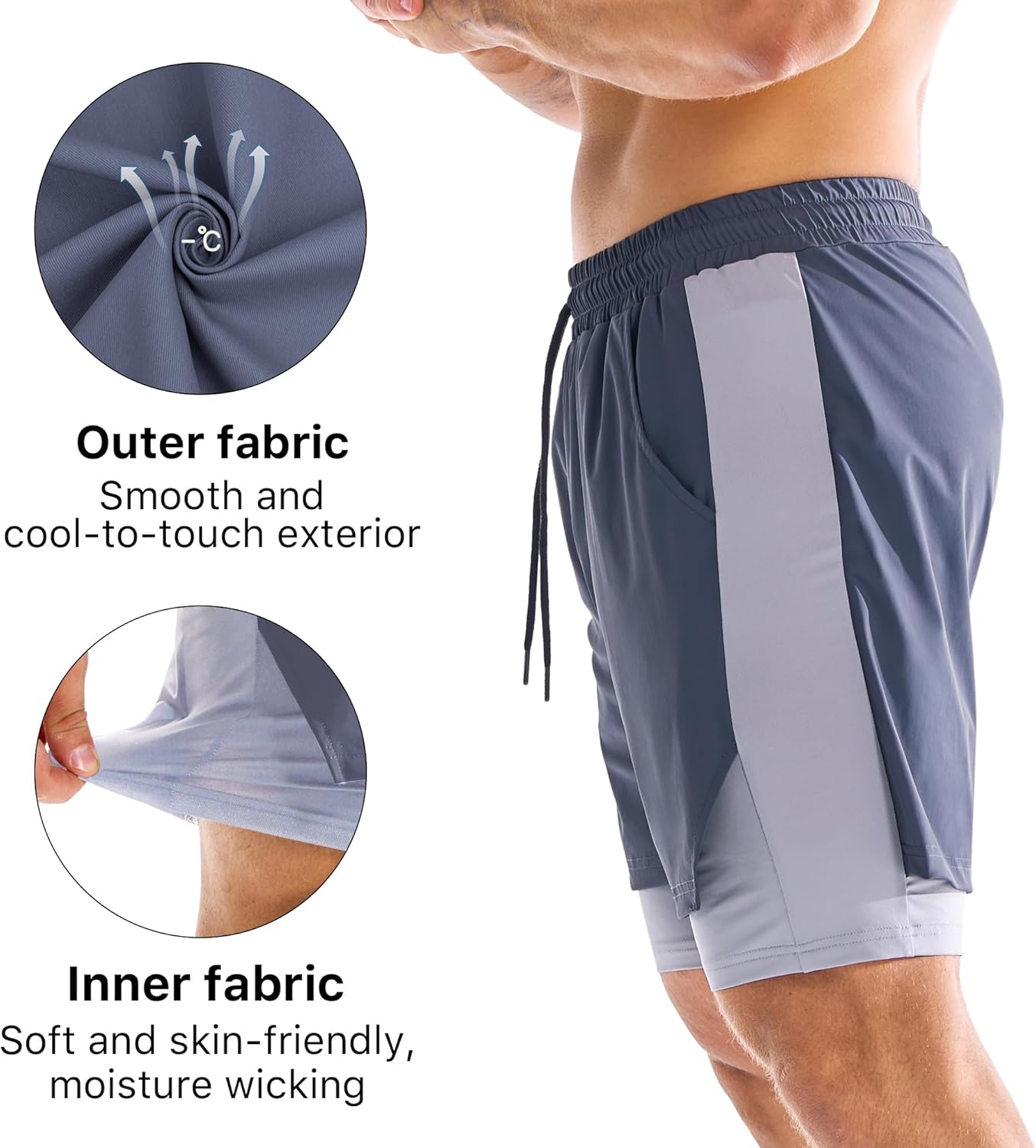 BROKIG Men's Dual-Layer Gym Shorts, Lightweight Quick Dry Running Bodybuilding 7'' Fitted Workout Short Lined-Zip Pocket - Image 6