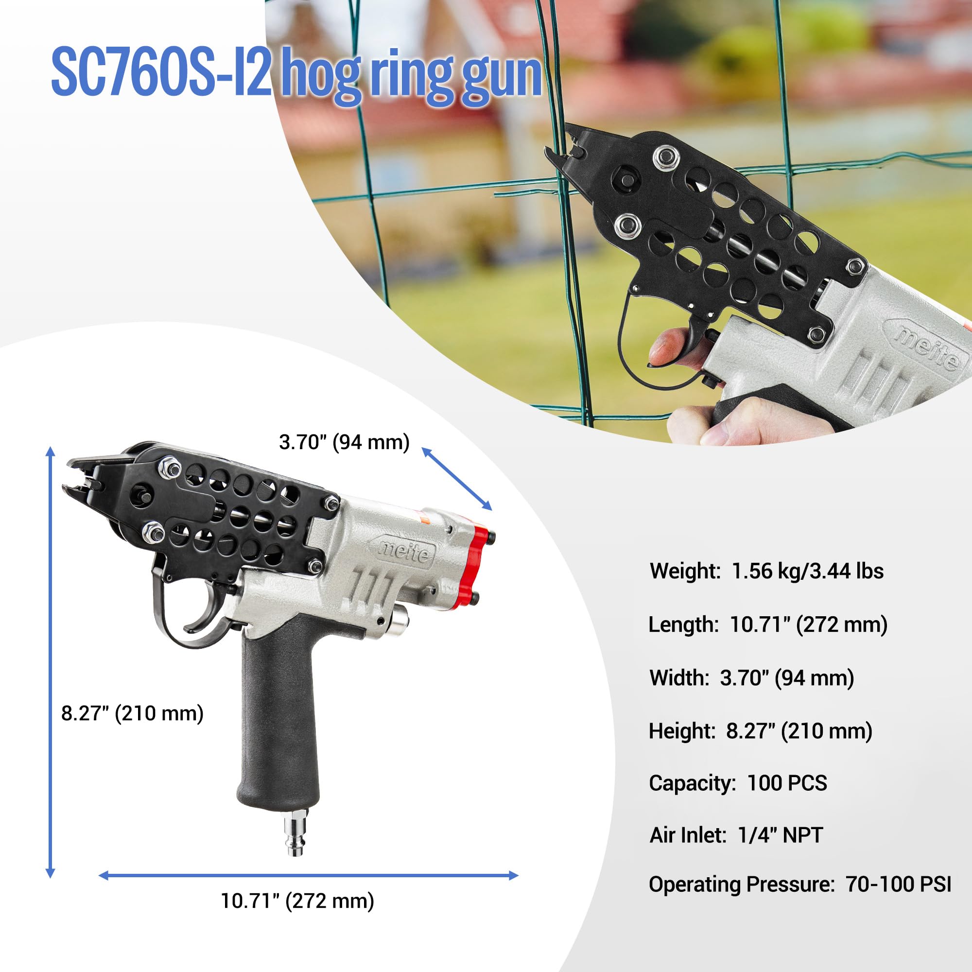 meite SC760S-I2 Pneumatyczny pistolet do pierścieni wieprzowych, 16GA 12,5 mm, z zamknięciem 2,6-3,6 mm, lekkie szczypce do ogrodzenia, tapicerki, klatek dla zwierząt domowych i zamykania toreb