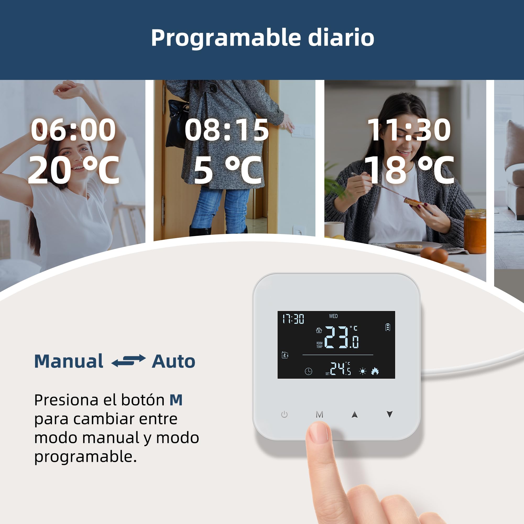 Termostato de 2 Hilos para calderas de Gas, termostato de batería programable Diario, cronotermostato Manual de Ambiente de Pared. No Incluye baterías y el Producto no se Puede conectar a Wi-Fi.