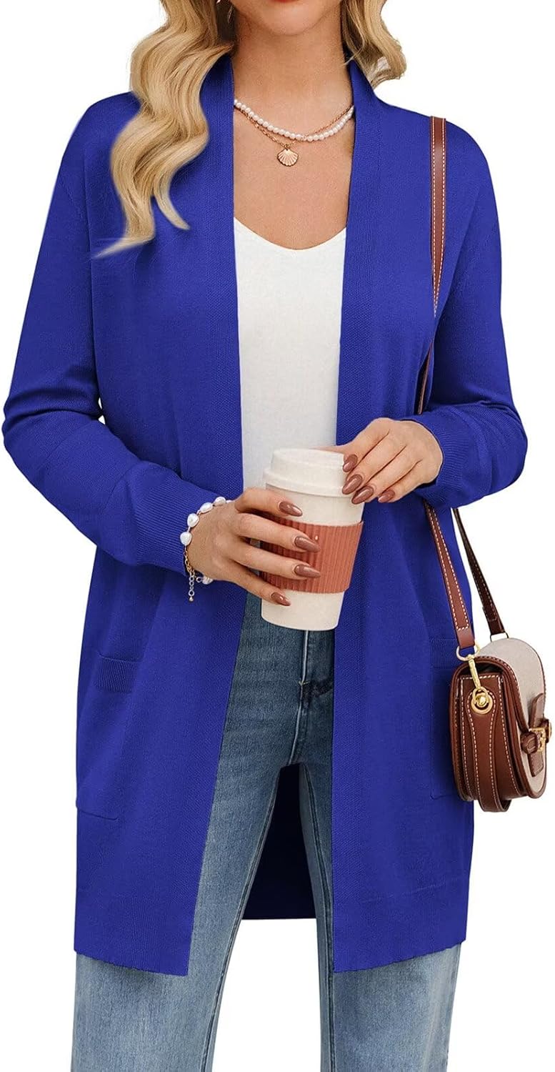 GRACE KARIN Women's Long Cardigan Sweater Open Front Classic Knitted Lightweight Sweater with Pockets