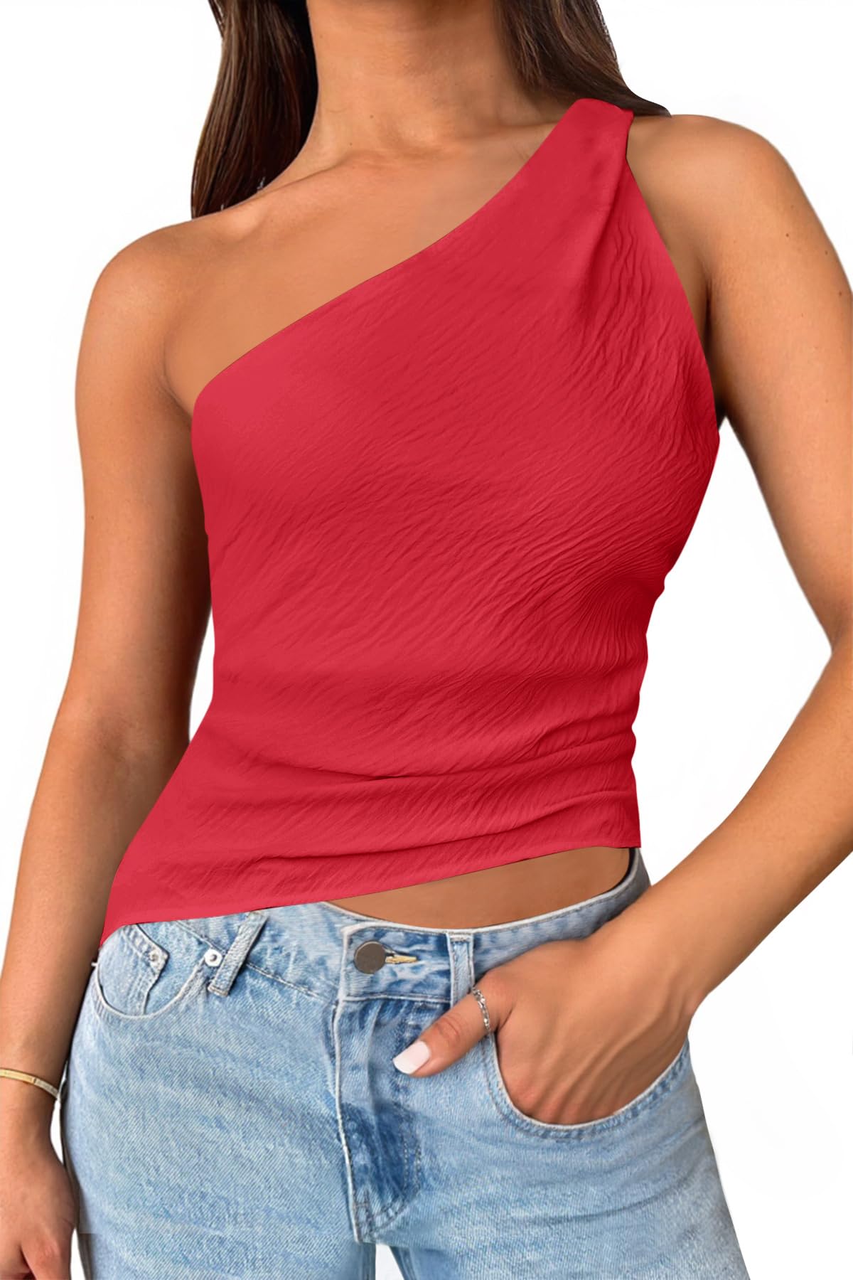 Cicy Bell Womens One Shoulder Tank Tops Summer Going Out Tops Ruched Asymmetrical Sleeveless Shirts