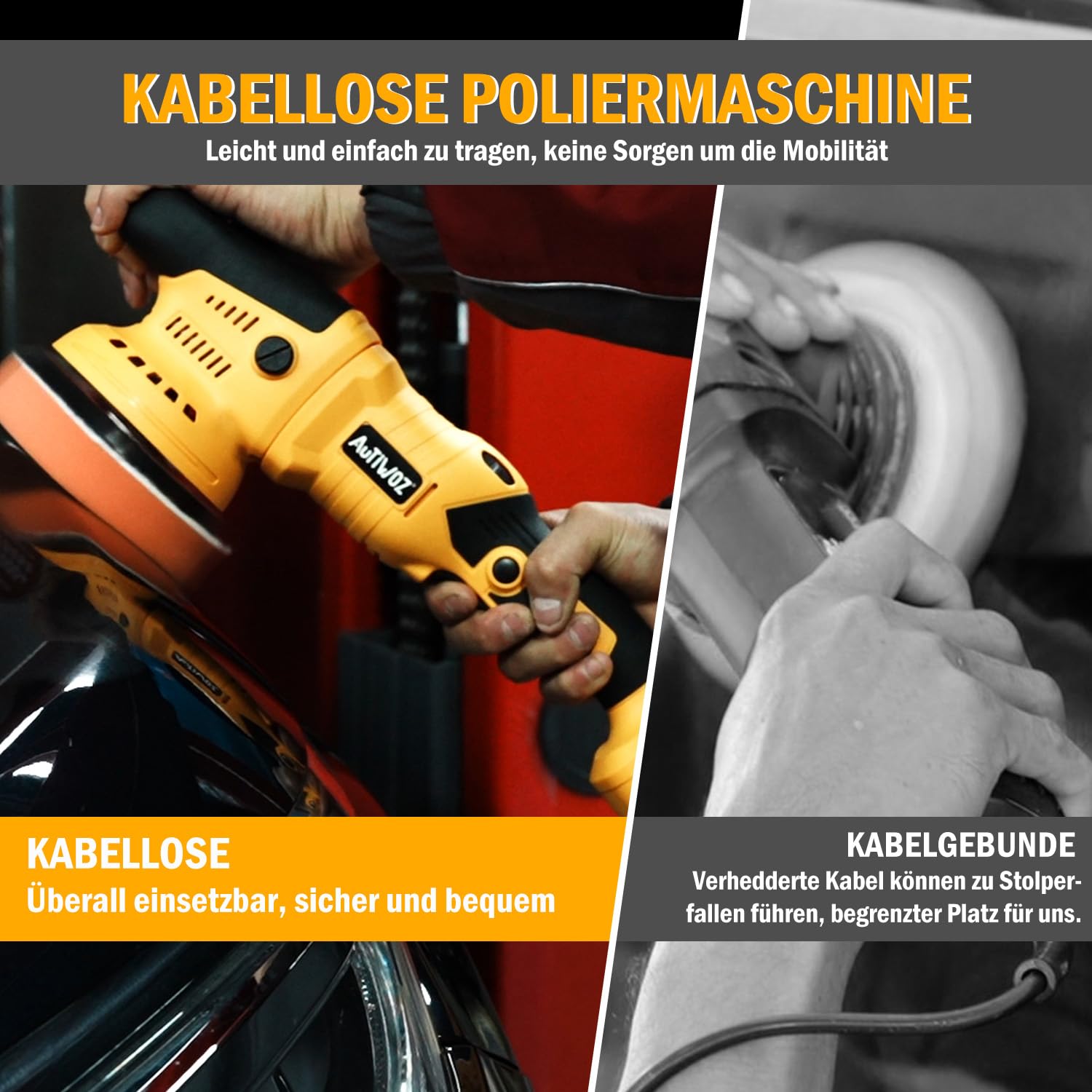 AUTIWOZ 21V Akku Poliermaschine Auto,Exzenterpolierer Orbit 9mm,Professionell Puffer/Polier mit 2 Batterien,6 Geschwindigkeit 2800-5800RPM,Polierte Polieren Auto Boot Motorrad,125mm Polierschwamm