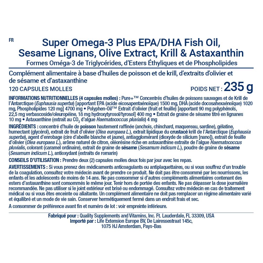 Life Extension - Super Omega-3 Plus EPA/DHA 120 Gélules - Lignanes de Sésame, Extrait d'Olive, Krill et Astaxanthine - Oméga-3 Haute Dose pour la Santé Cardiaque et Cérébrale