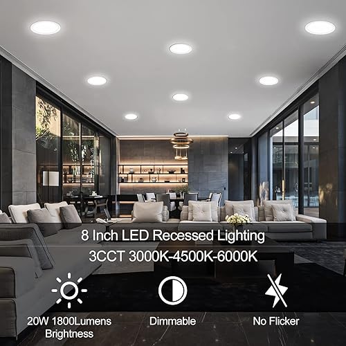 Miniatura 8 de Paquete de 6 luces LED empotradas de 8 pulgadas con caja de conexiones, ultra delgadas, 3000K4500K6000K seleccionables, luz LED regulable sin lata