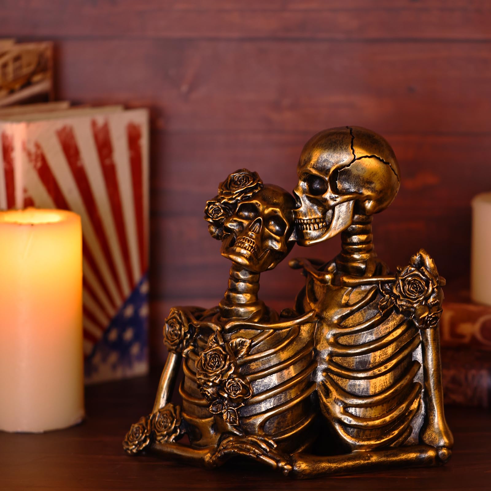 Dekoracja czaszki Halloween: Szkielet Para Figurki Żywiczne Gotyckie Posągi Vintage Wystrój Domu na Półkę Stół Gzyms Kolekcjonerski Prezent Ślubny (A)