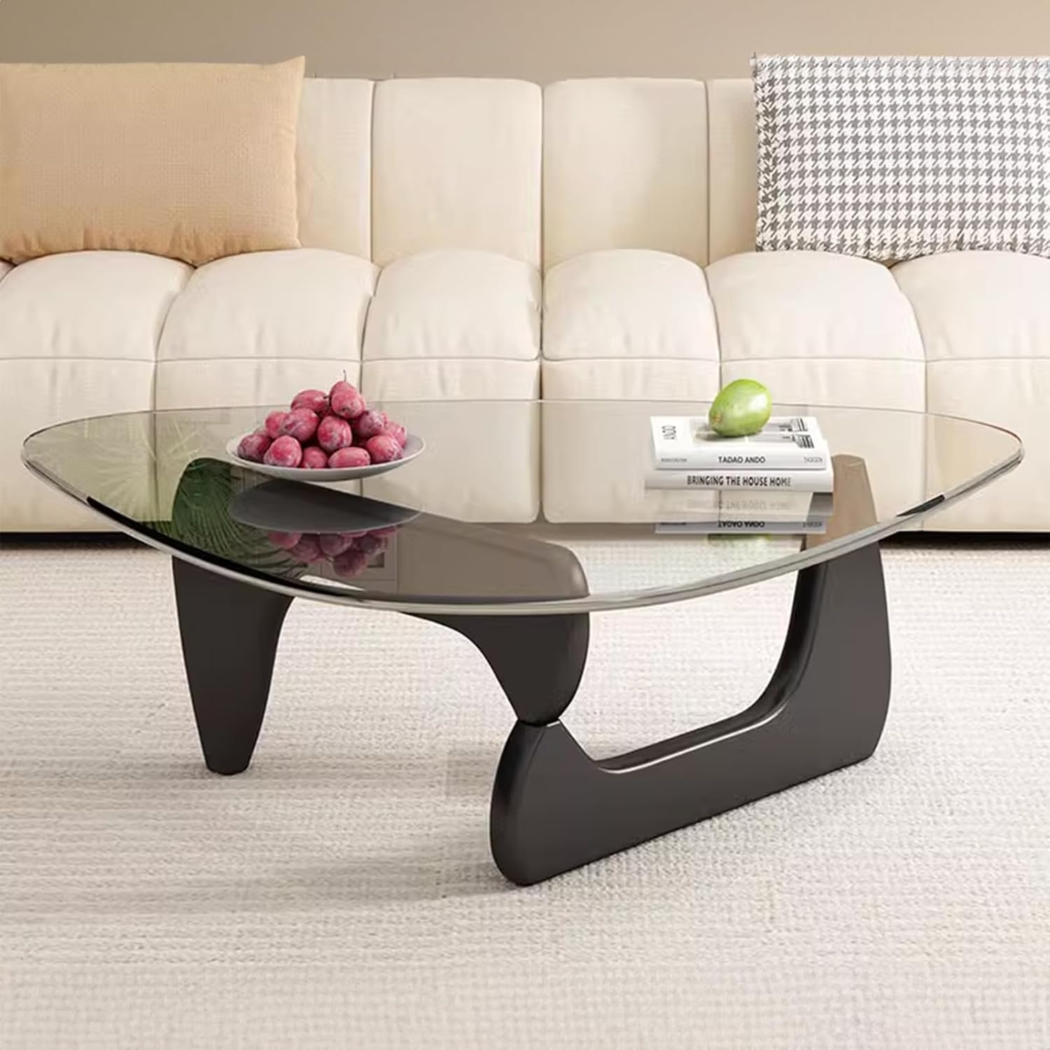 HASMI Triangle Glass Coffee Table, Modern Vintage End Table, Solid Wood