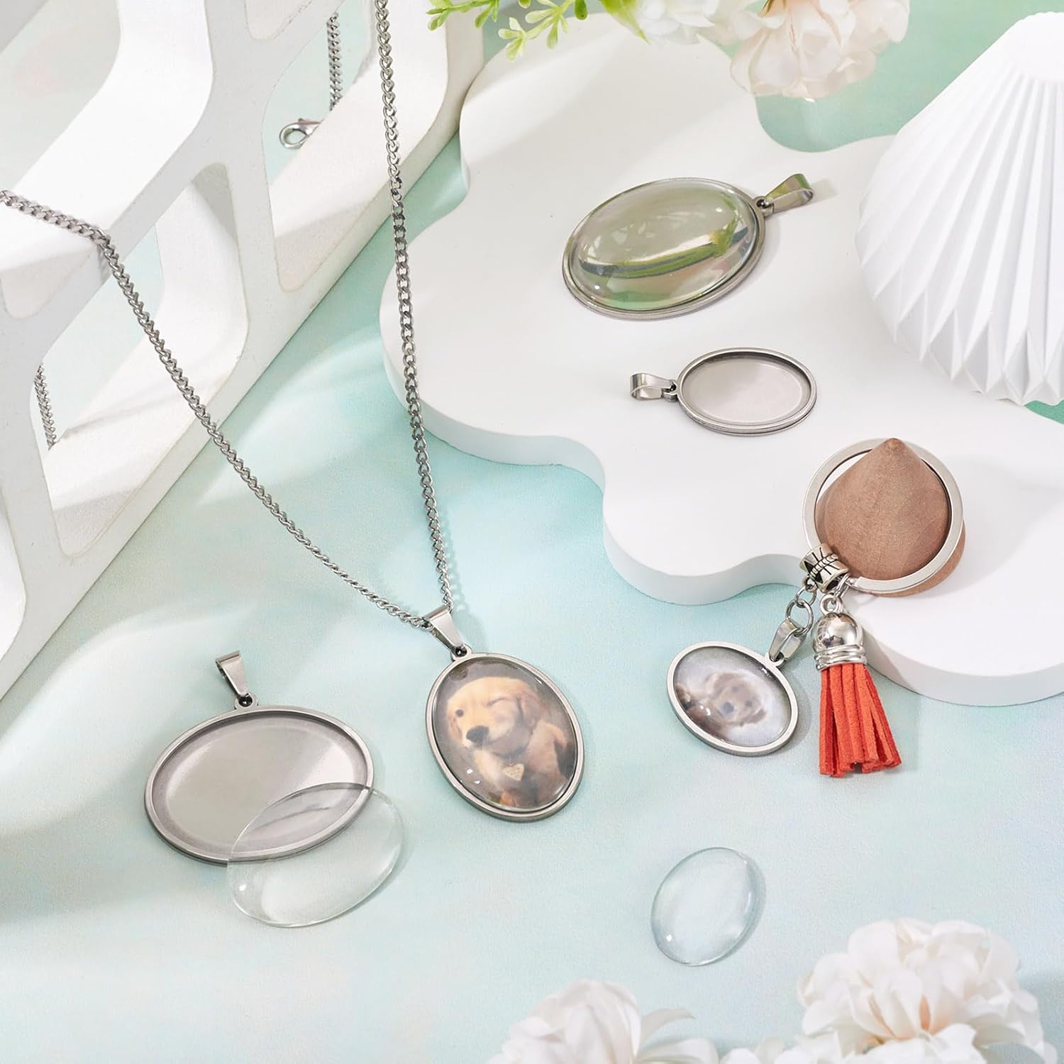 12 Pcs 304 Stainless Steel Pendants Cabochon Settings Vintage Oval Bezel Pendant Trays Blank Bases Pendant with Clear Glass Cabochons for DIY Crafts Photo Jewelry Making Necklace - Image 3