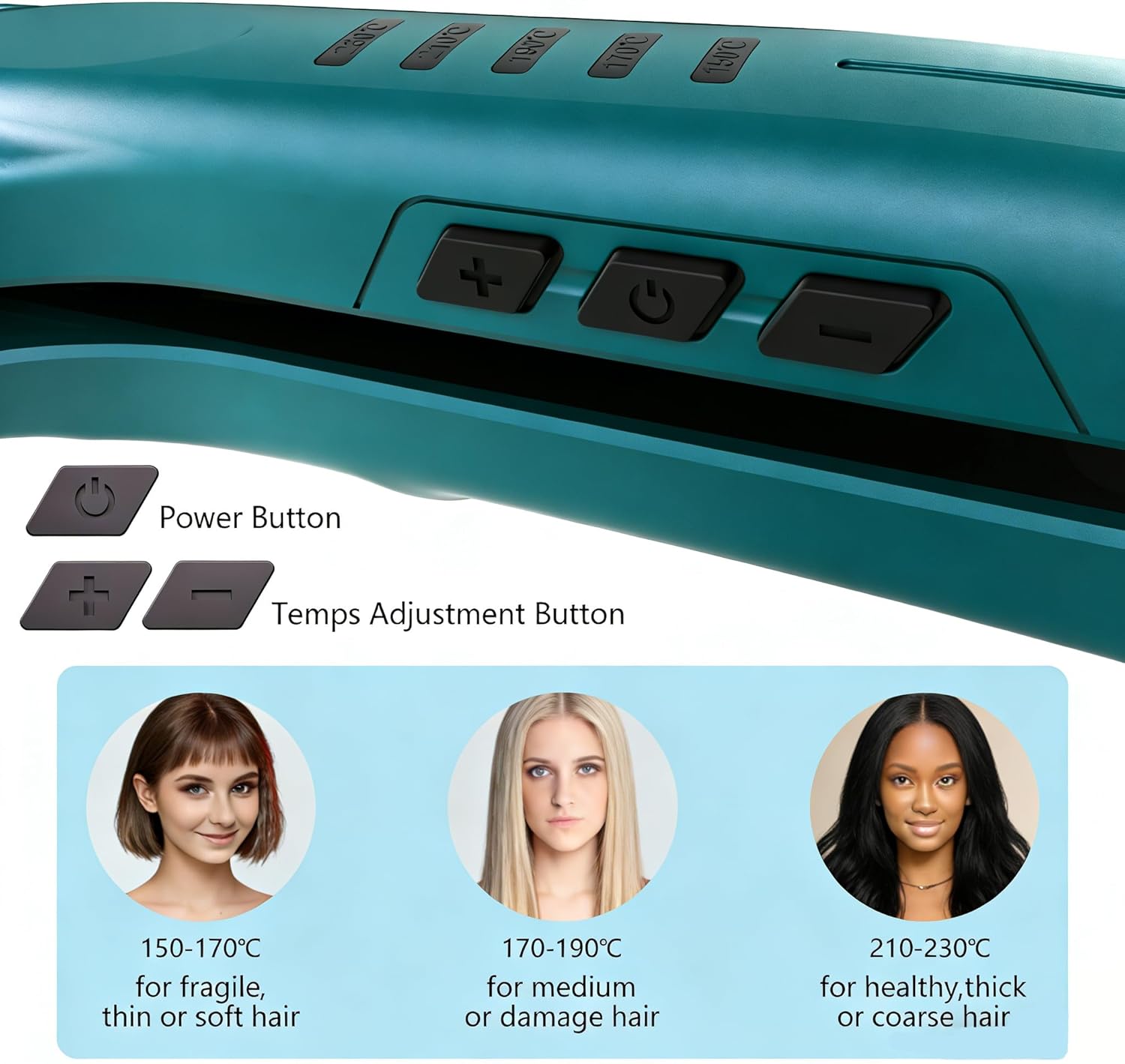 Hair Crimper - Ceramic Tourmaline Crimping Iron with 5 Temp Settings, Anti-Frizz Volumizing Crimper Hair Tool for Textured Crimp, Suitable for All Hair Types (Turquoise) - Image 5